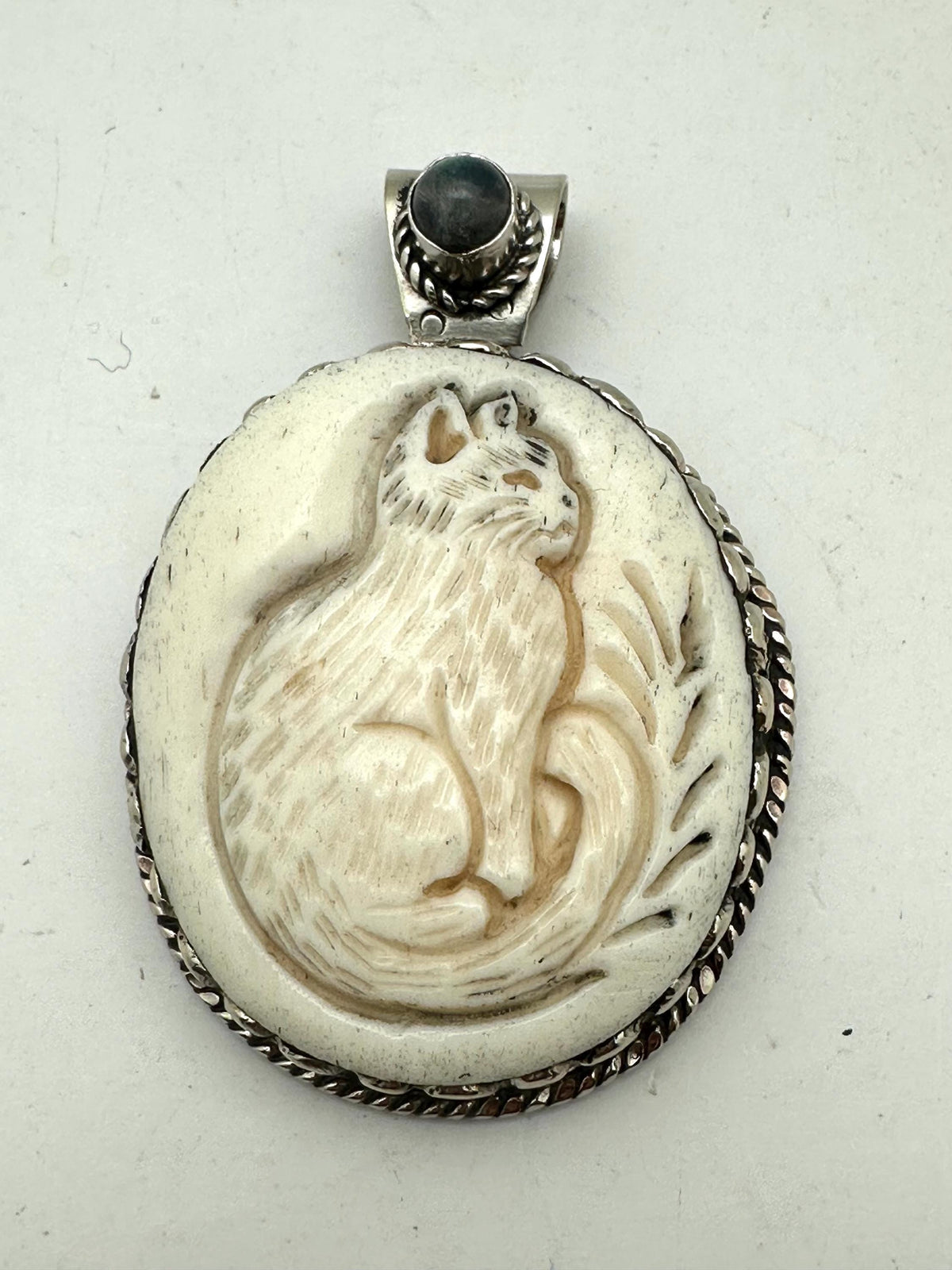 Handcrafted, bone carved cat pendant, Tibetan silver,labradorite,Himalayan,63mmX43mm