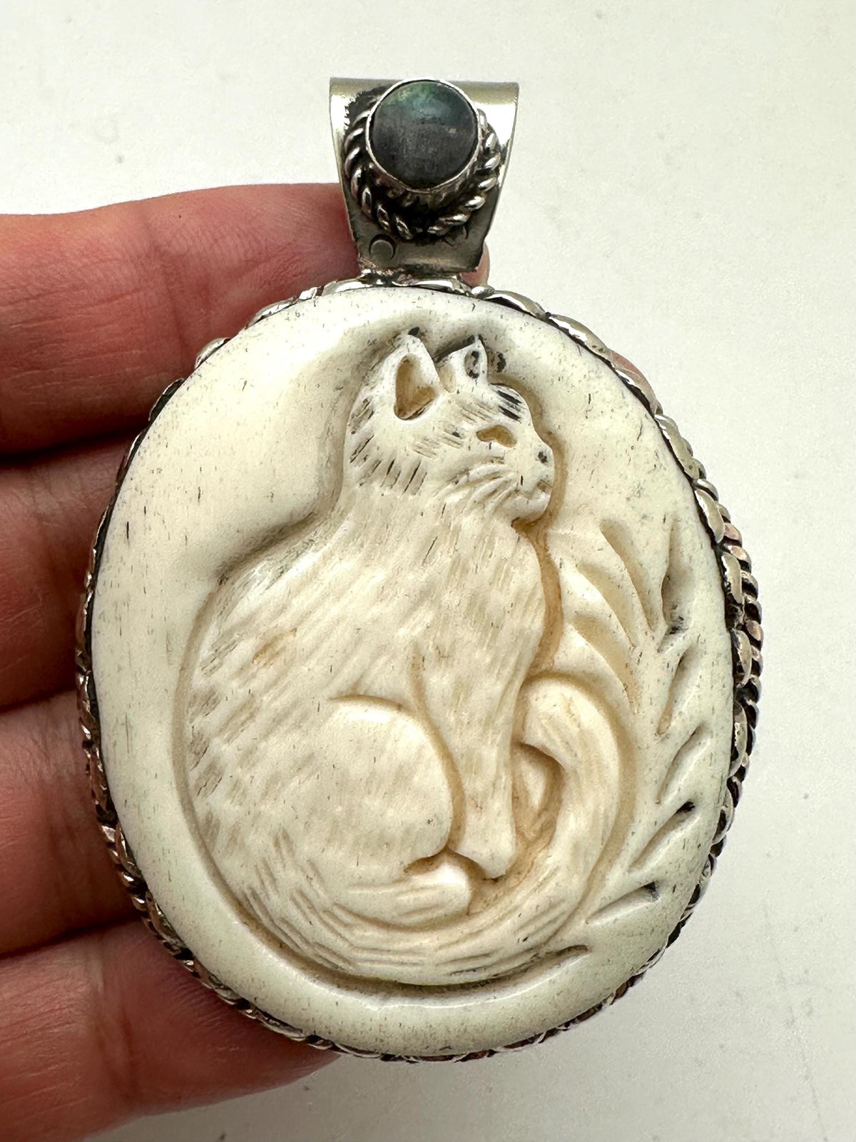 Handcrafted, bone carved cat pendant, Tibetan silver,labradorite,Himalayan,63mmX43mm