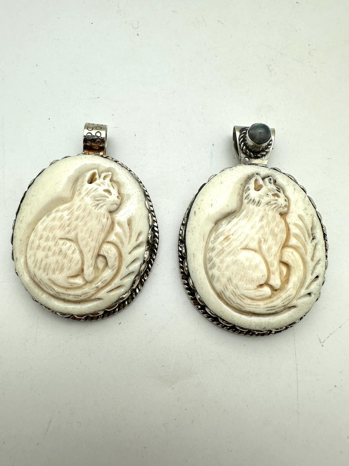 Handcrafted, bone carved cat pendant, Tibetan silver,labradorite,Himalayan,63mmX43mm