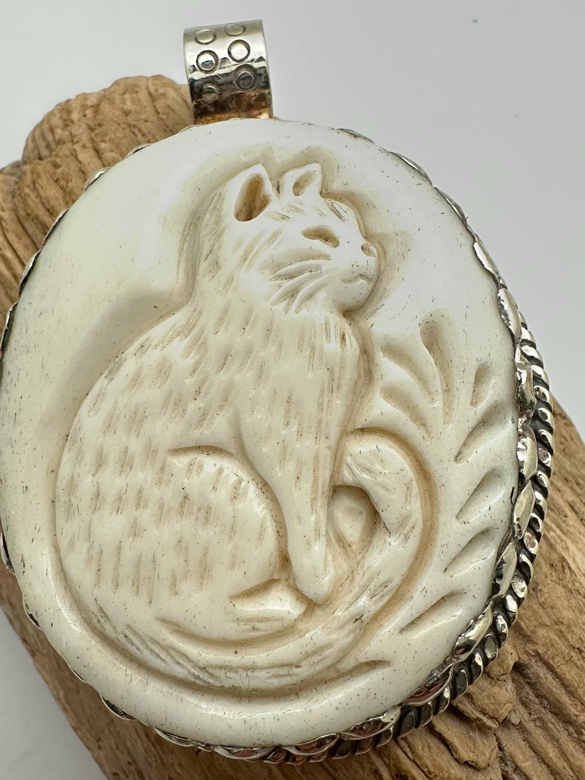Handcrafted, bone carved cat pendant, Tibetan silver,labradorite,Himalayan,63mmX43mm