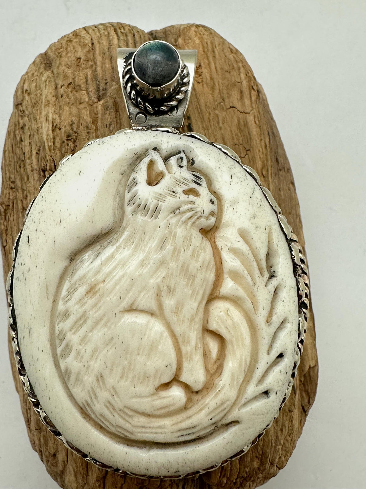 Handcrafted, bone carved cat pendant, Tibetan silver,labradorite,Himalayan,63mmX43mm