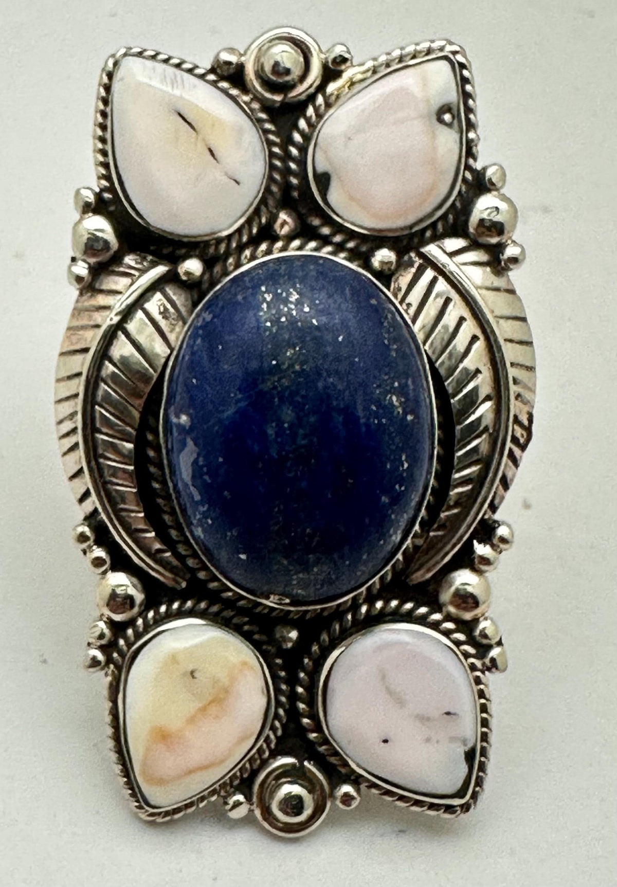 large lapis lazuli ring, pink shell, handcrfated, tibetan silver, floral design, adjustable,