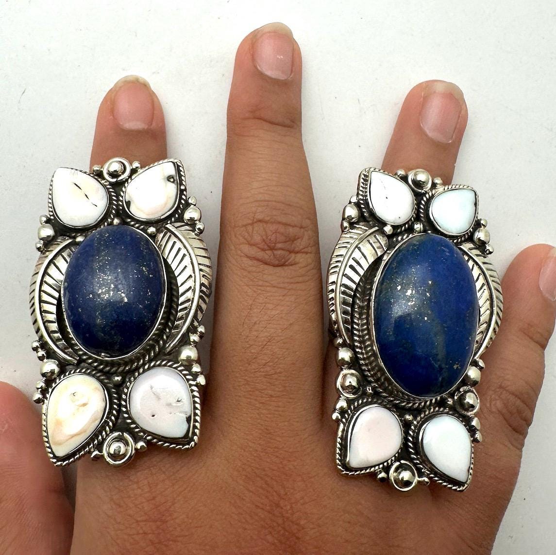 large lapis lazuli ring, pink shell, handcrfated, tibetan silver, floral design, adjustable,