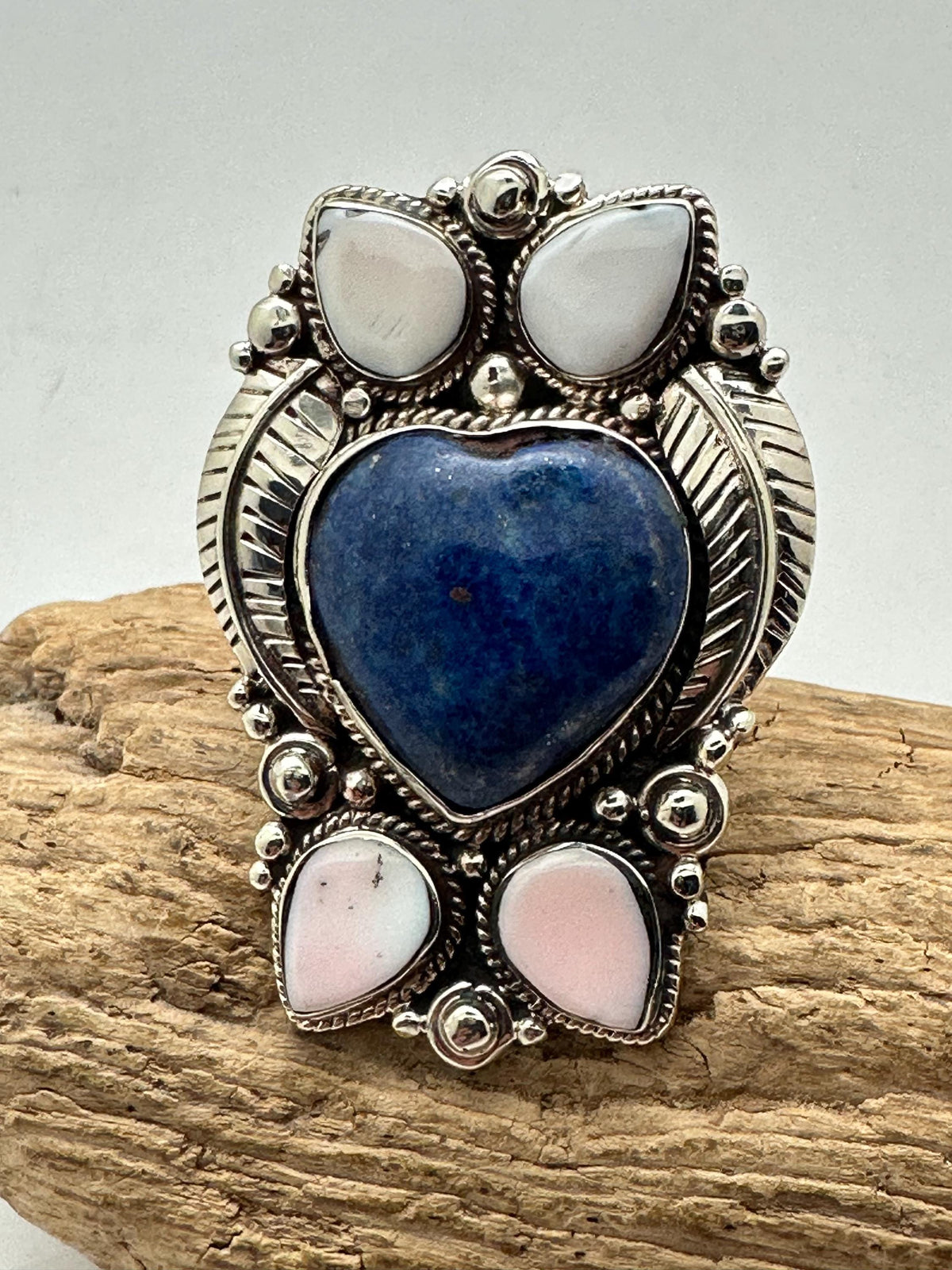 Handcrafted large lapis lazuli heart shape ring, shell floral ring,Tibetan silver, adjustable,50X35mm