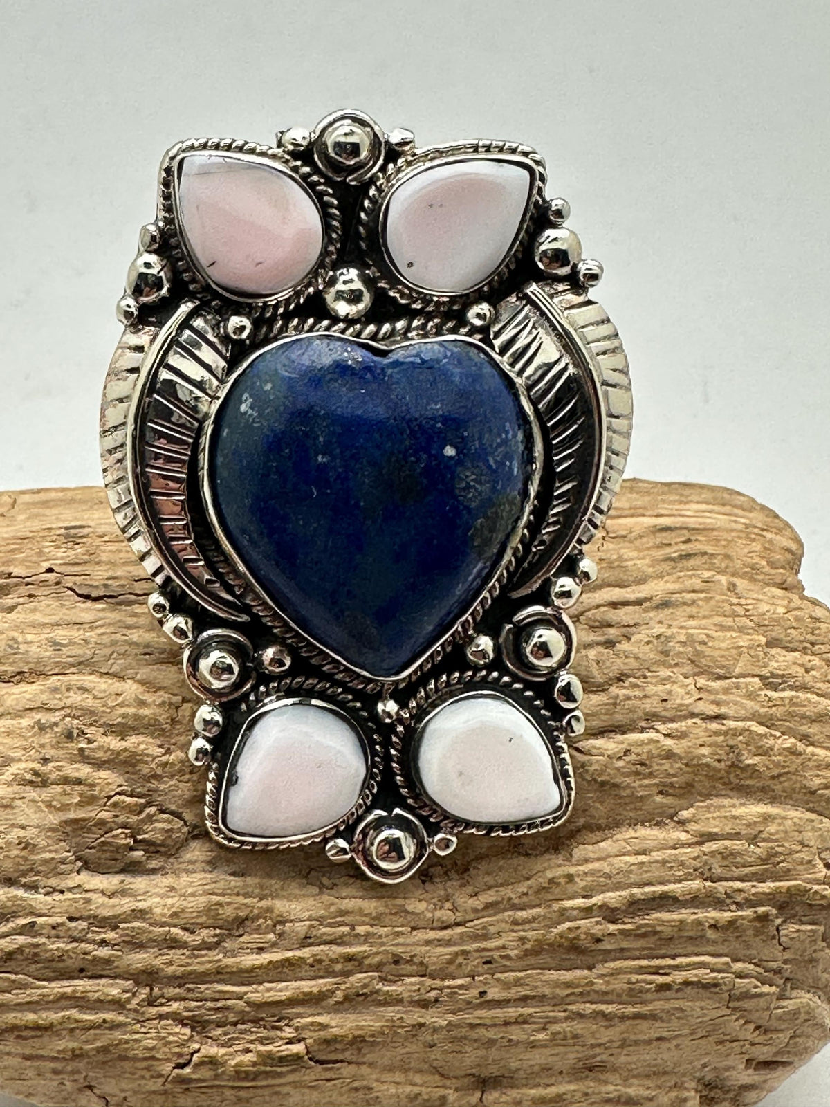 Handcrafted large lapis lazuli heart shape ring, shell floral ring,Tibetan silver, adjustable,50X35mm