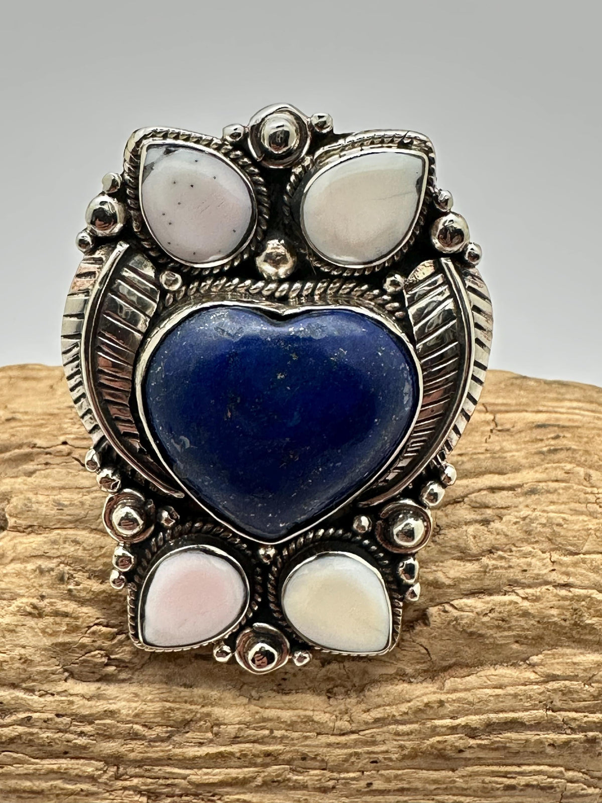 Handcrafted large lapis lazuli heart shape ring, shell floral ring,Tibetan silver, adjustable,50X35mm