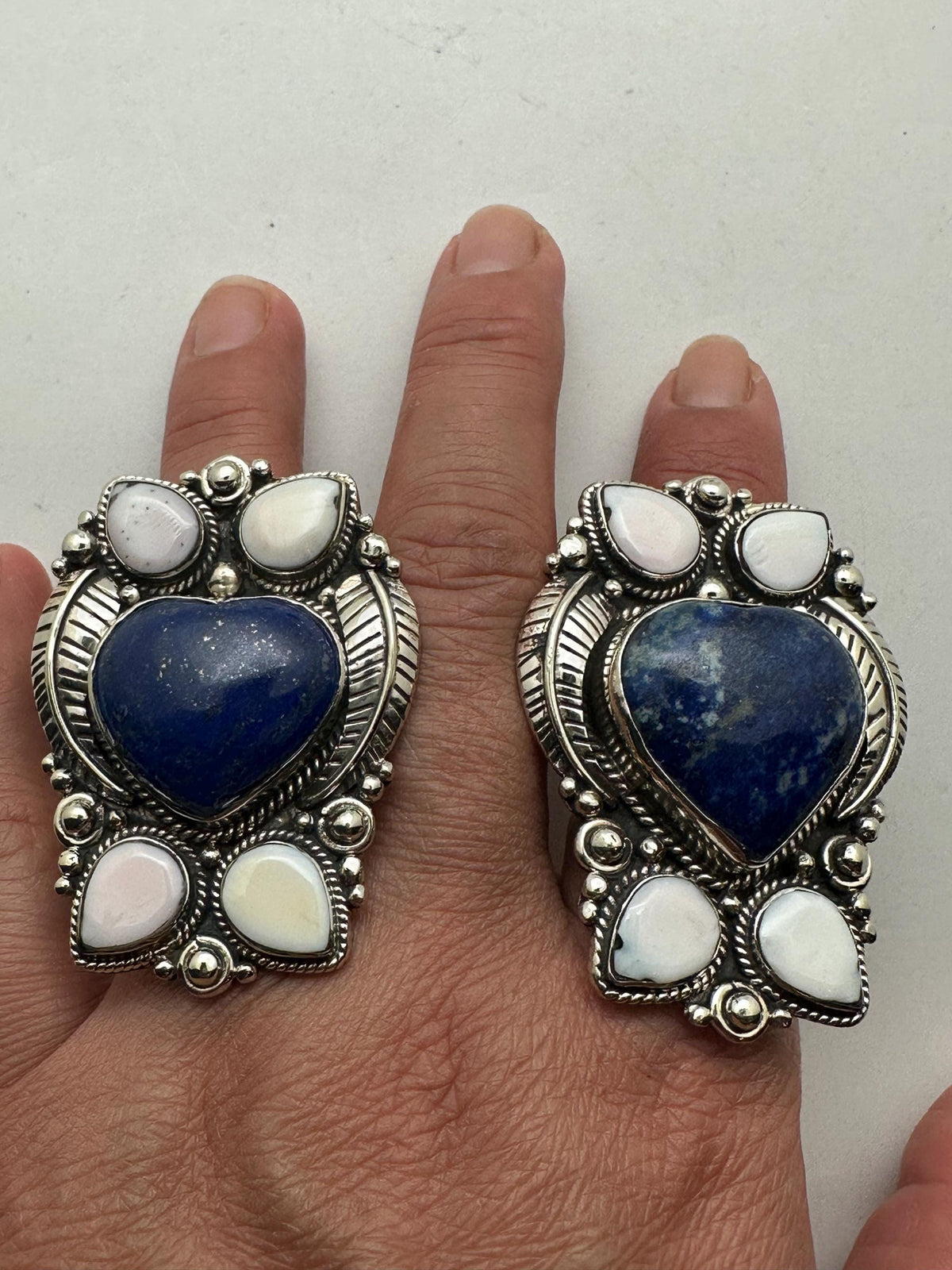Handcrafted large lapis lazuli heart shape ring, shell floral ring,Tibetan silver, adjustable,50X35mm