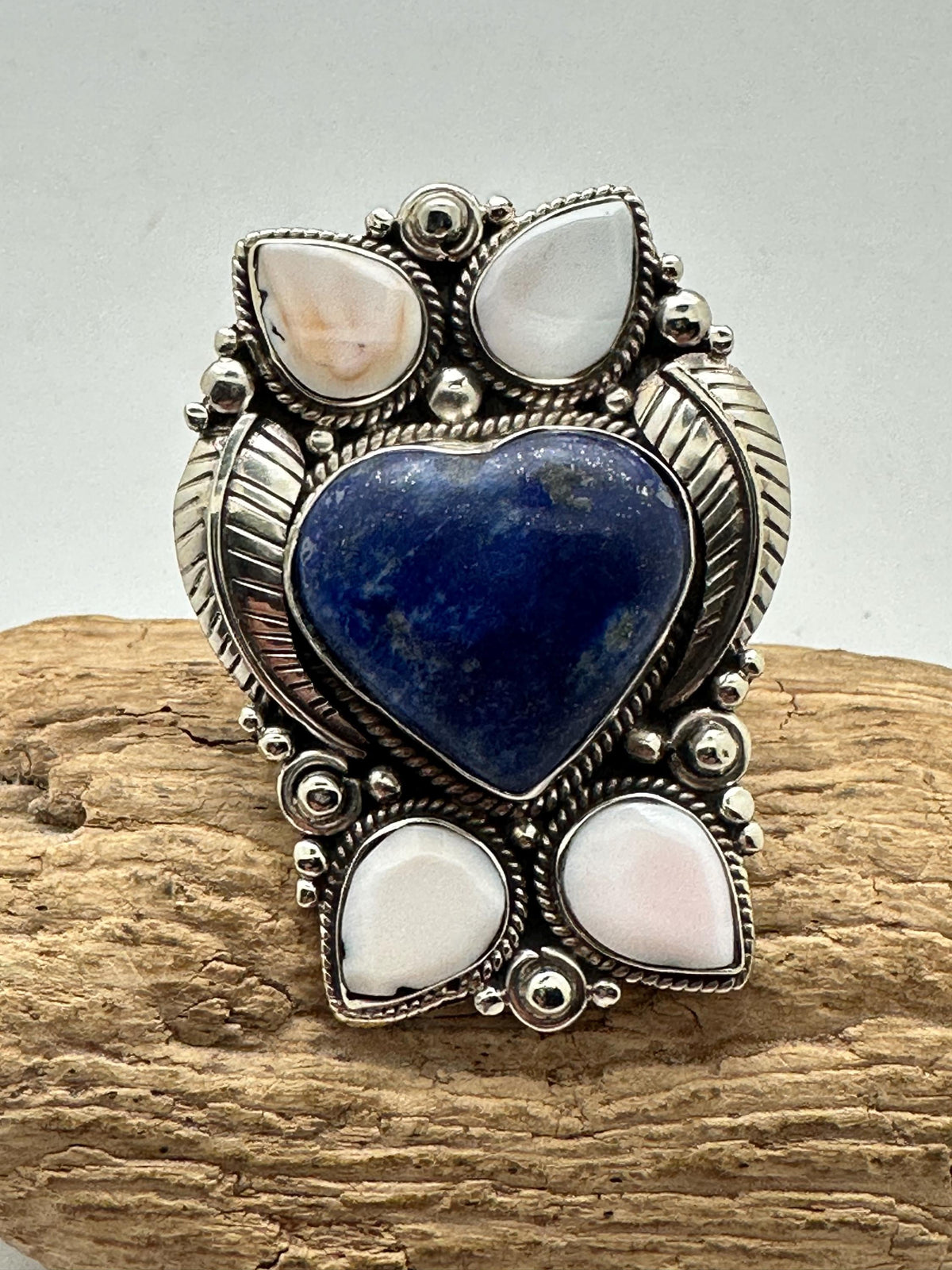 Handcrafted large lapis lazuli heart shape ring, shell floral ring,Tibetan silver, adjustable,50X35mm