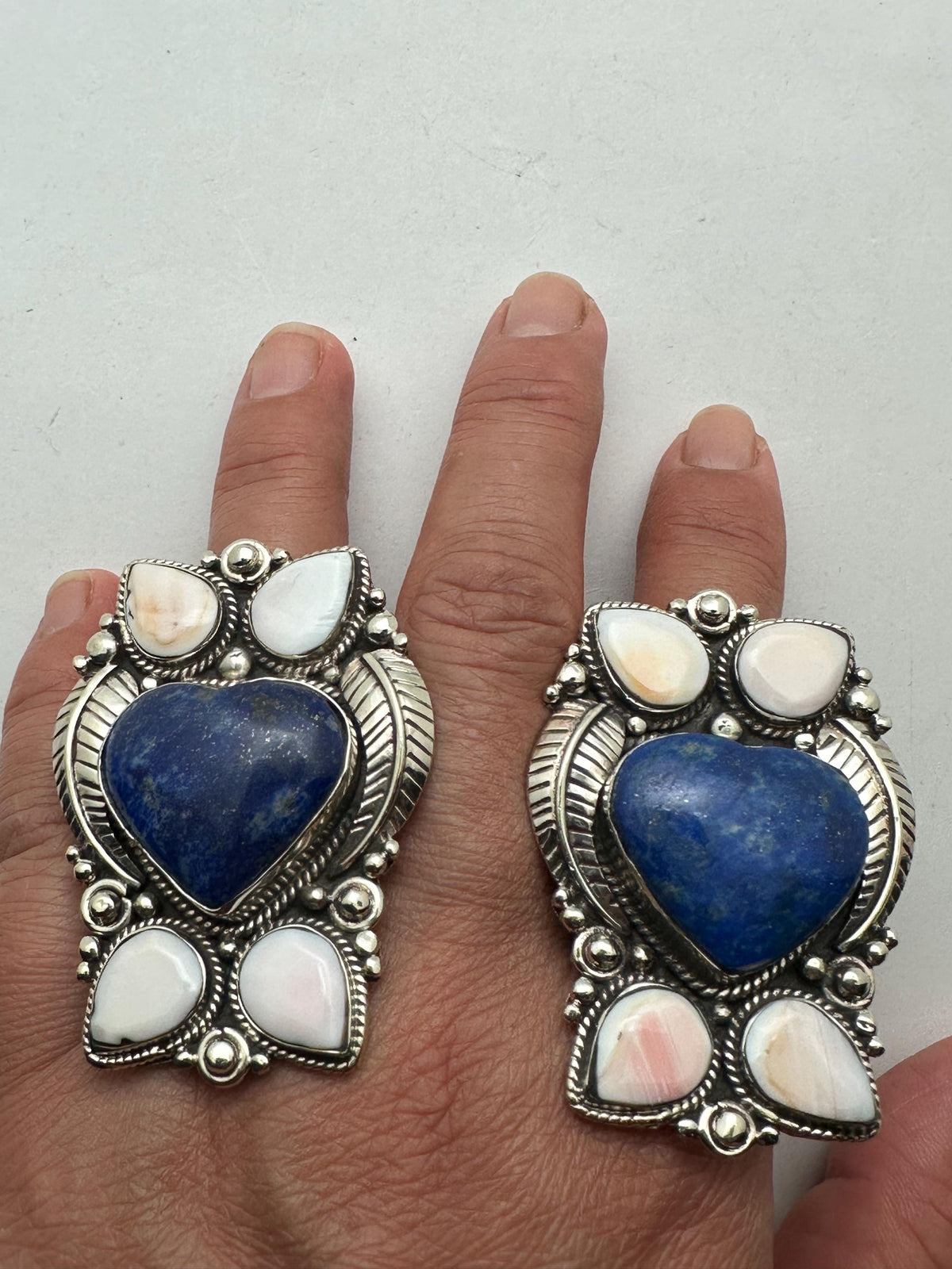 Handcrafted large lapis lazuli heart shape ring, shell floral ring,Tibetan silver, adjustable,50X35mm