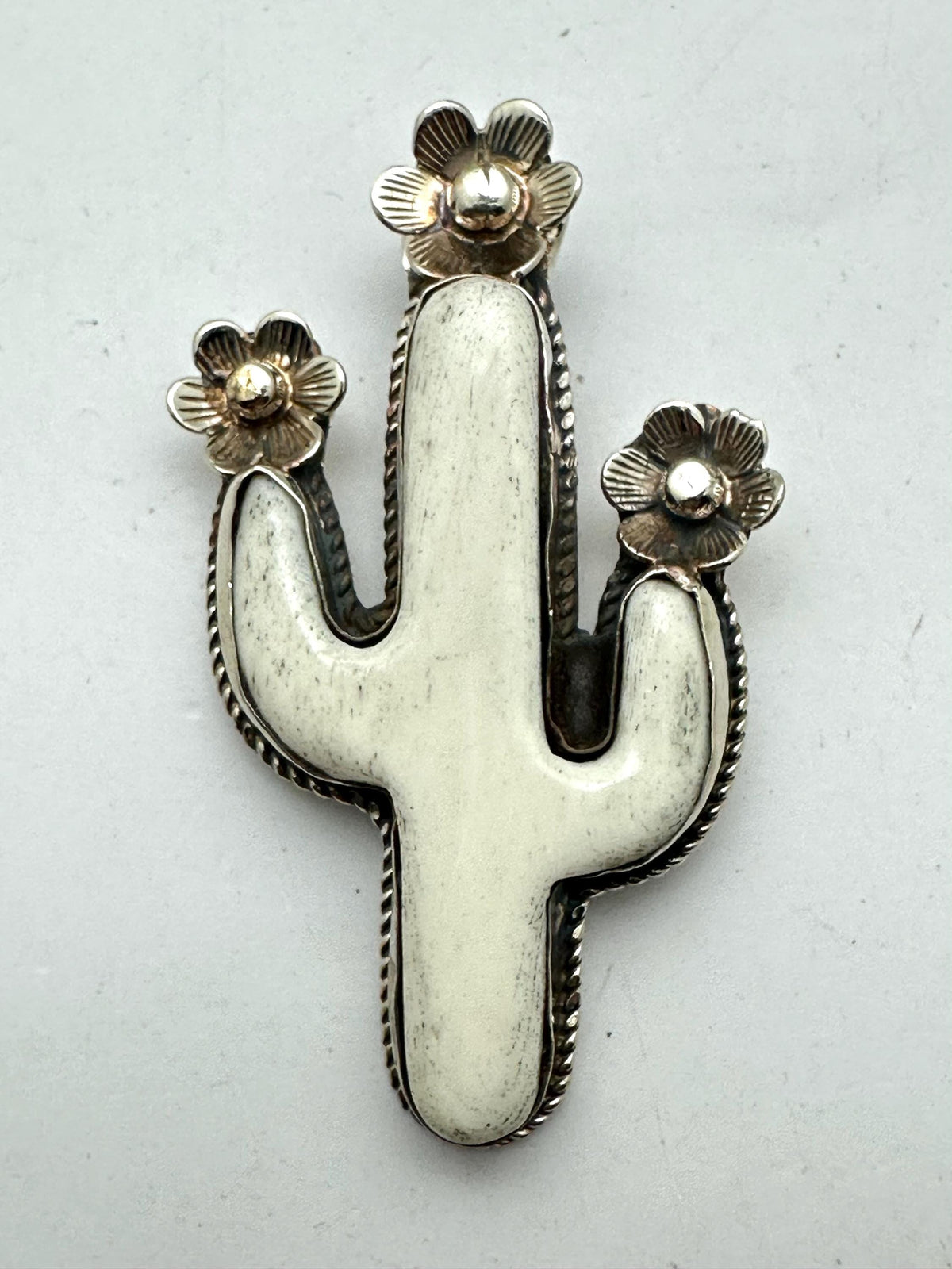 Handcrafted,Bone carved cactus pendant, floral pendant,Tibetan silver,65mmX34mm
