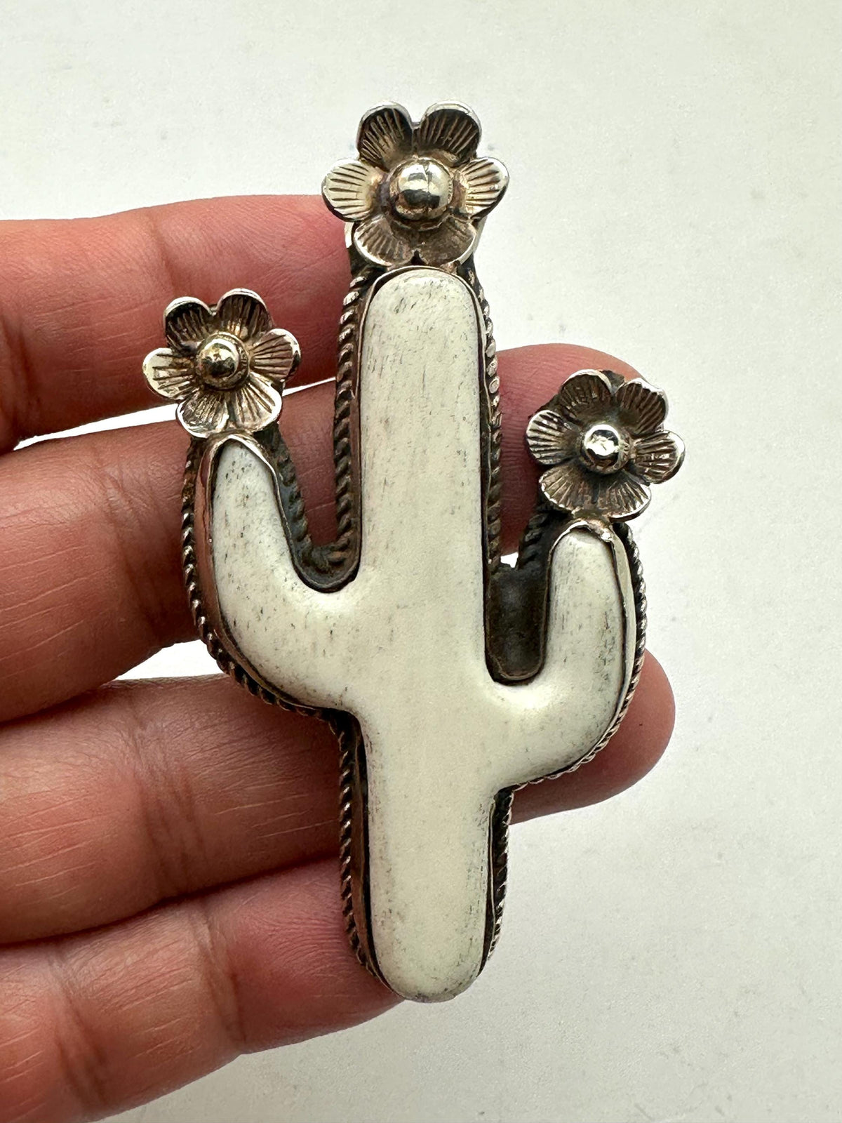 Handcrafted,Bone carved cactus pendant, floral pendant,Tibetan silver,65mmX34mm