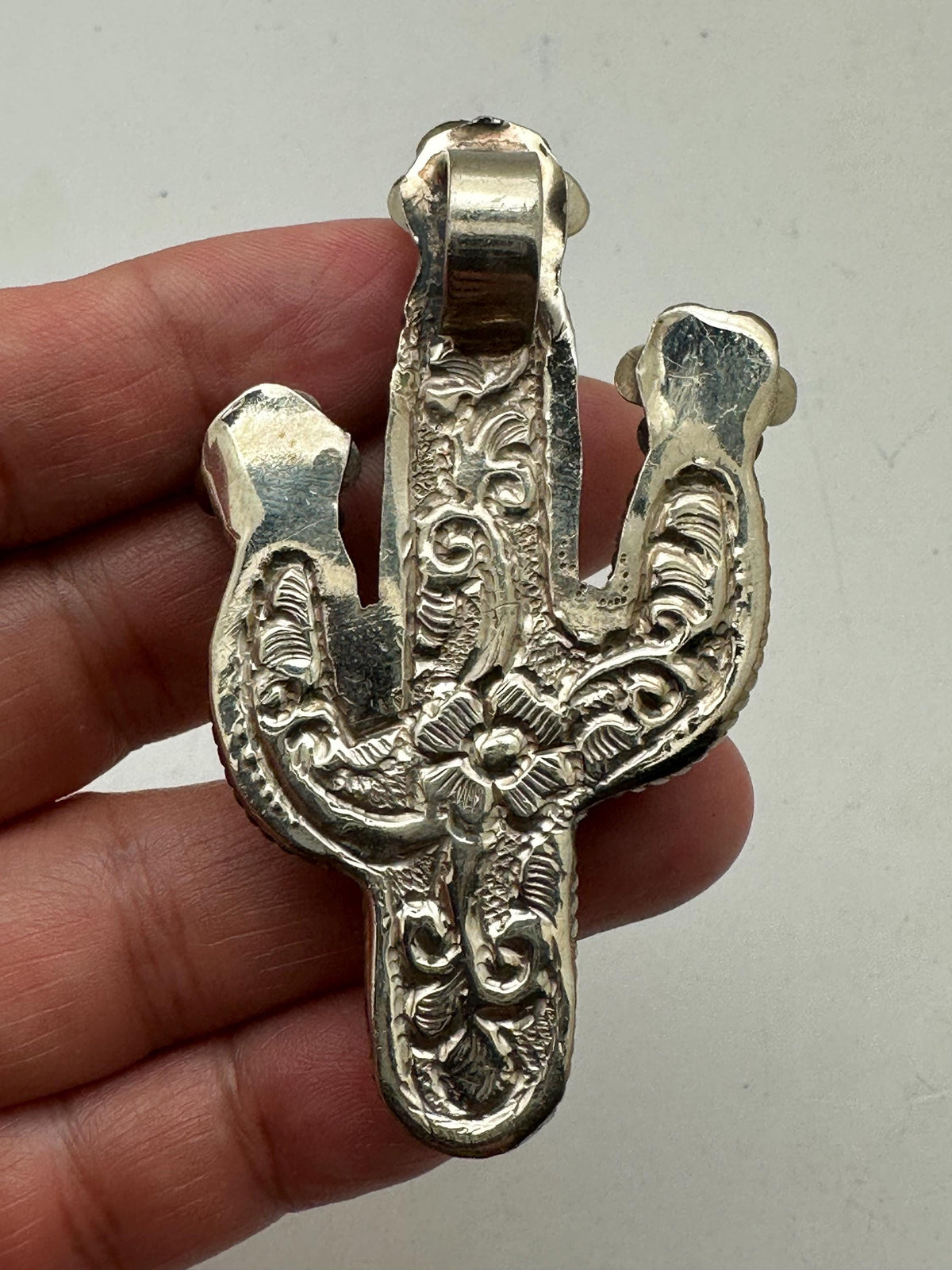 Handcrafted,Bone carved cactus pendant, floral pendant,Tibetan silver,65mmX34mm
