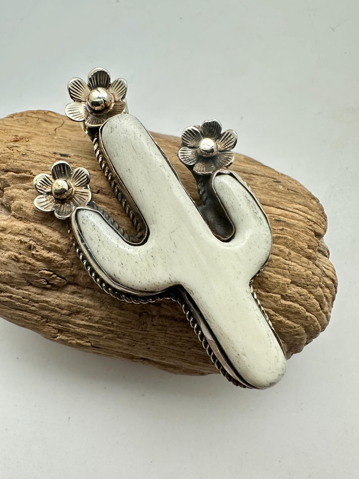 Handcrafted,Bone carved cactus pendant, floral pendant,Tibetan silver,65mmX34mm
