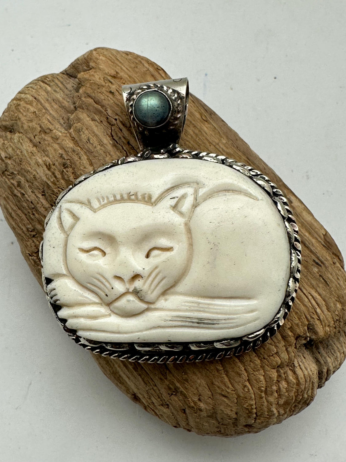 Bone carved cat, Handcrafted, Labradorite, Tibetan silver, Himalayan