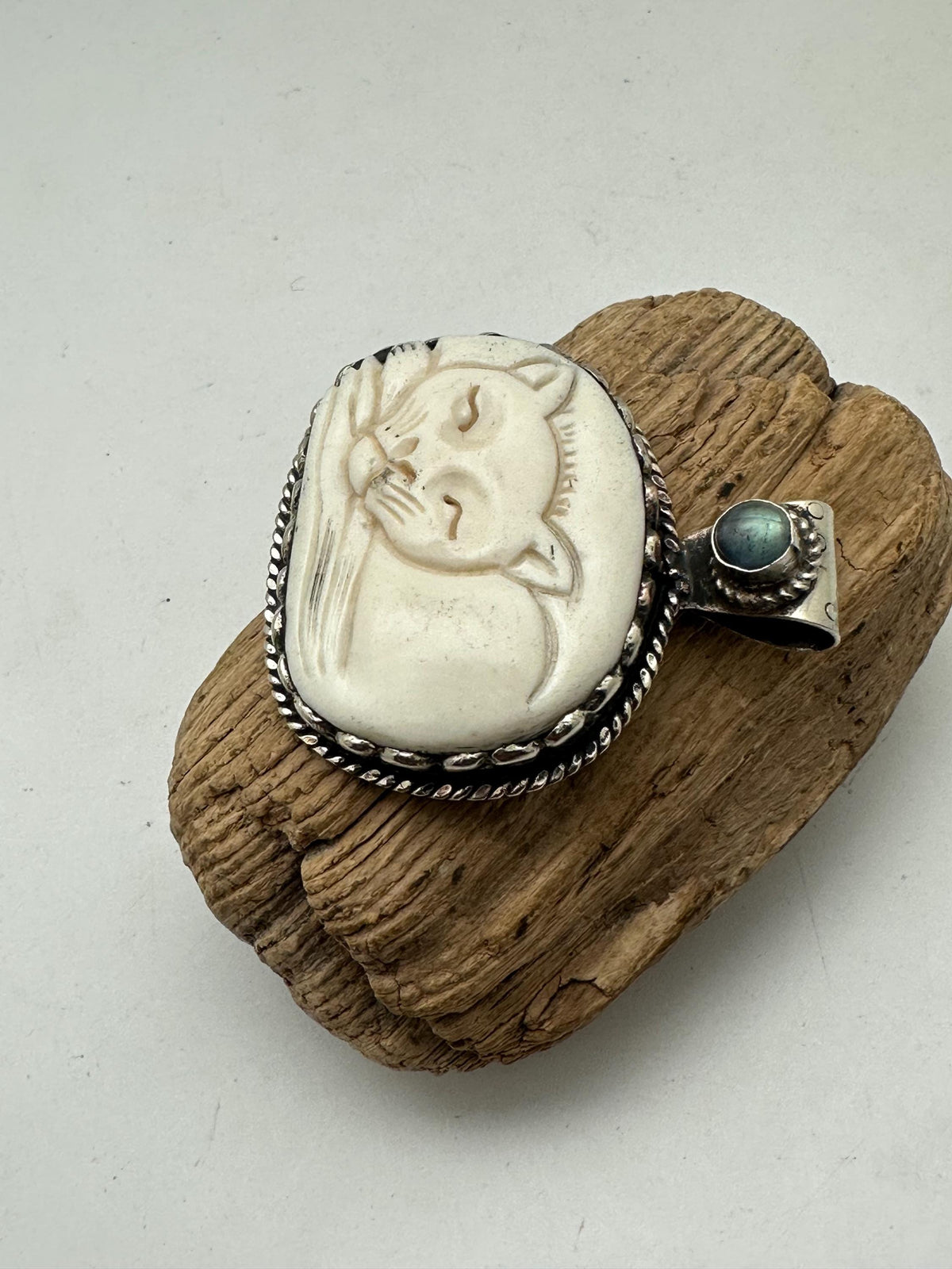Bone carved cat, Handcrafted, Labradorite, Tibetan silver, Himalayan