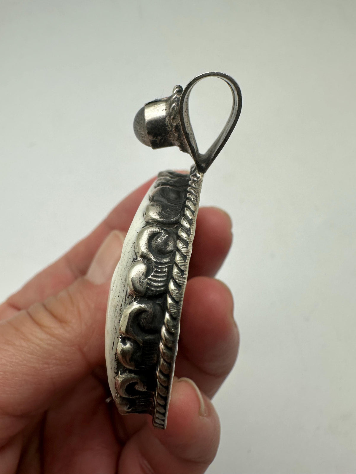 Bone carved cat, Handcrafted, Labradorite, Tibetan silver, Himalayan