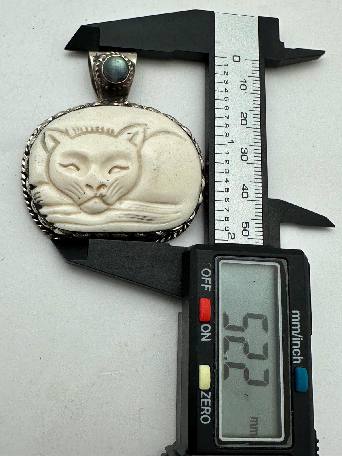 Bone carved cat, Handcrafted, Labradorite, Tibetan silver, Himalayan