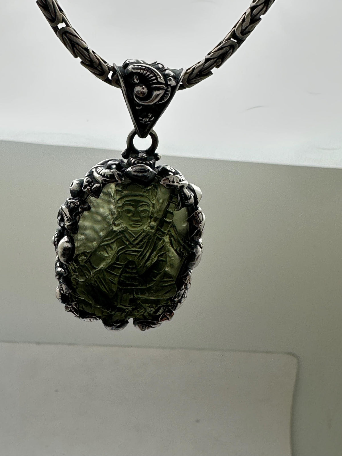 Moldavite guru padma sambhava , extremely rare master handcrafted with sterling silver