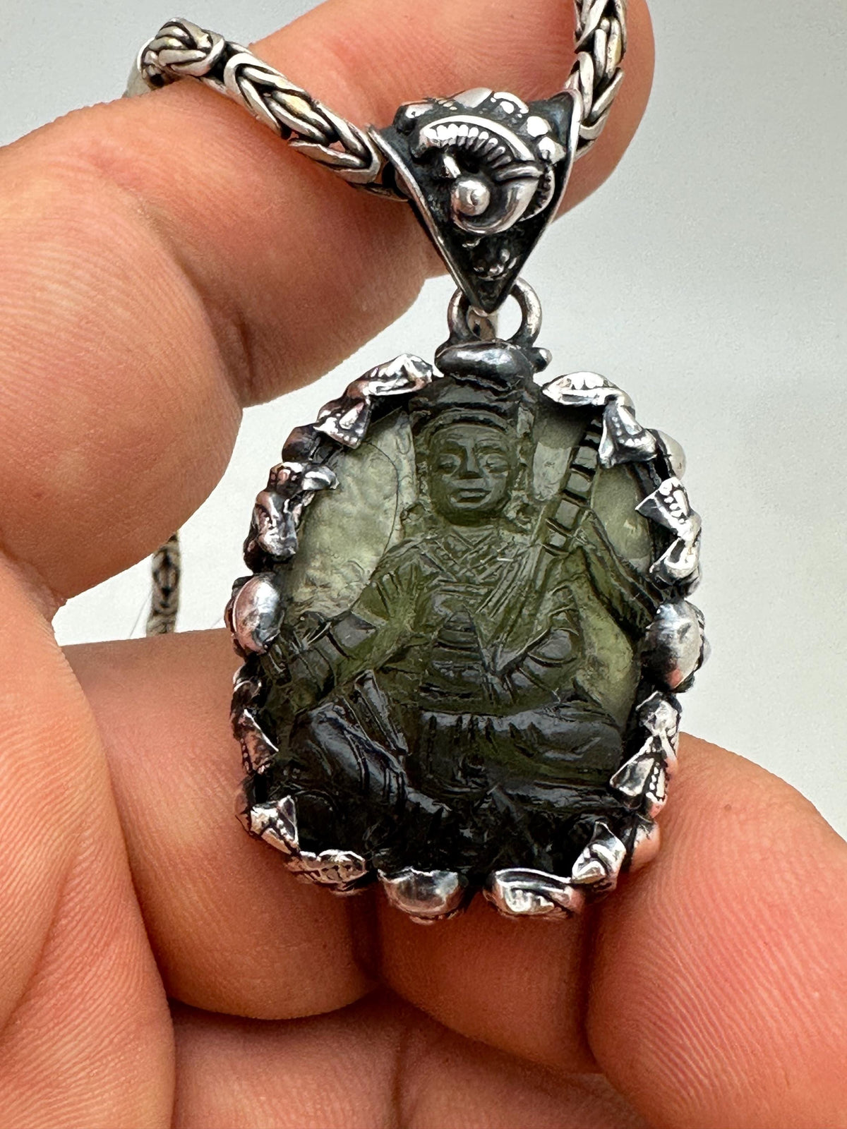 Moldavite guru padma sambhava , extremely rare master handcrafted with sterling silver