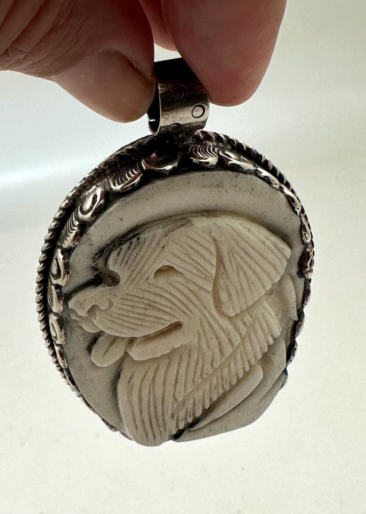 Handcrafted, bone carved dog,Tibetan silver, dog lover jewelry, Animal portrait gift