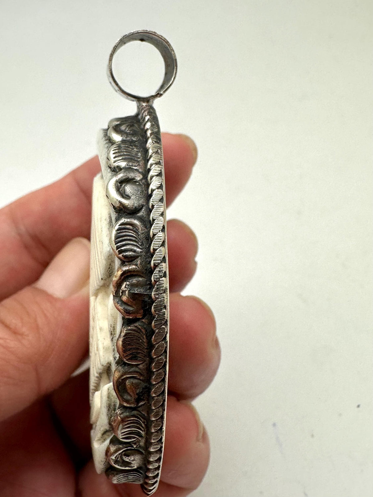 Handcrafted, bone carved dog,Tibetan silver, dog lover jewelry, Animal portrait gift