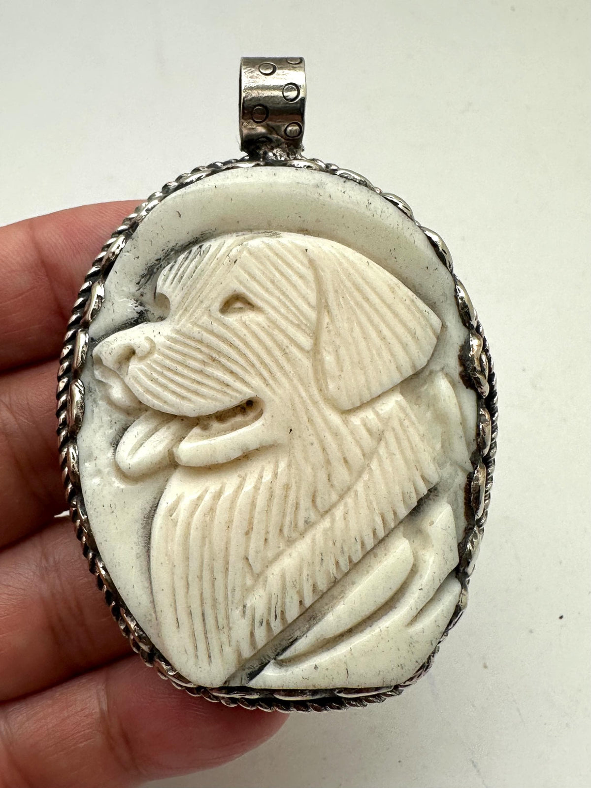 Handcrafted, bone carved dog,Tibetan silver, dog lover jewelry, Animal portrait gift