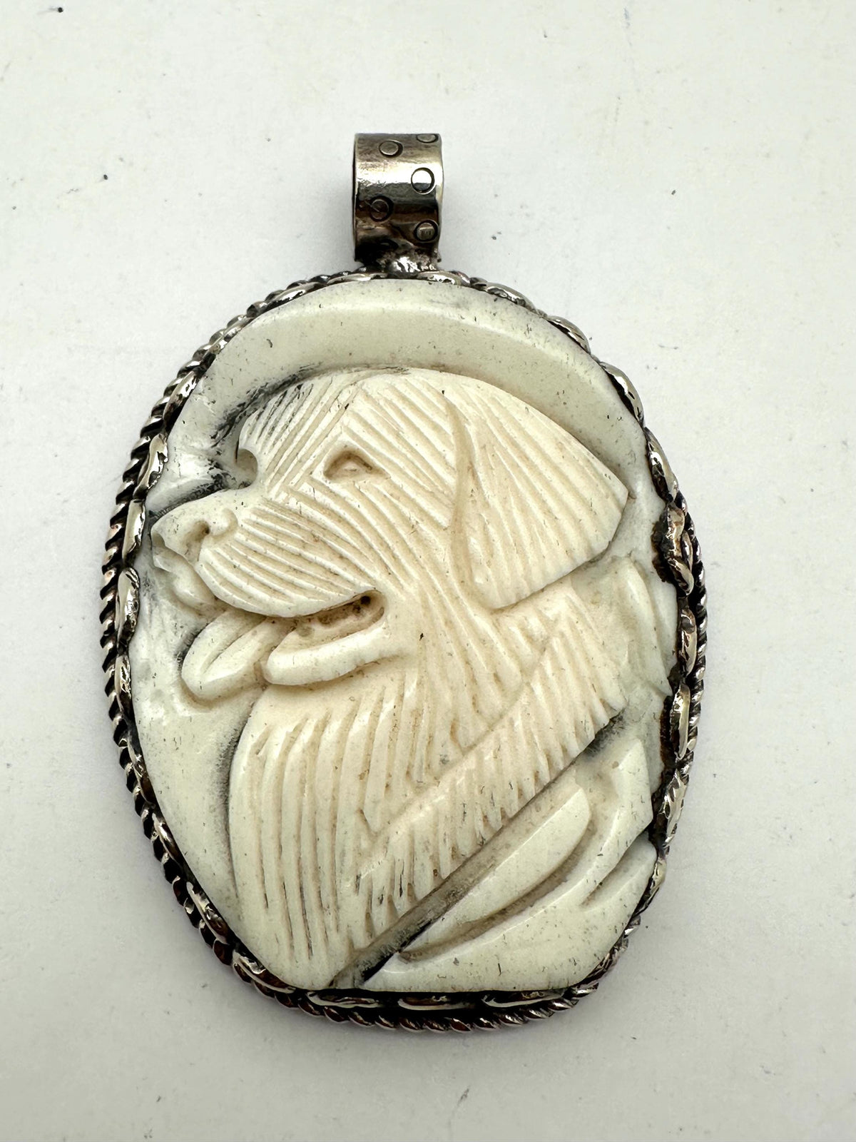 Handcrafted, bone carved dog,Tibetan silver, dog lover jewelry, Animal portrait gift