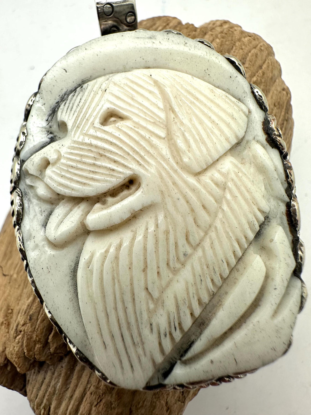 Handcrafted, bone carved dog,Tibetan silver, dog lover jewelry, Animal portrait gift