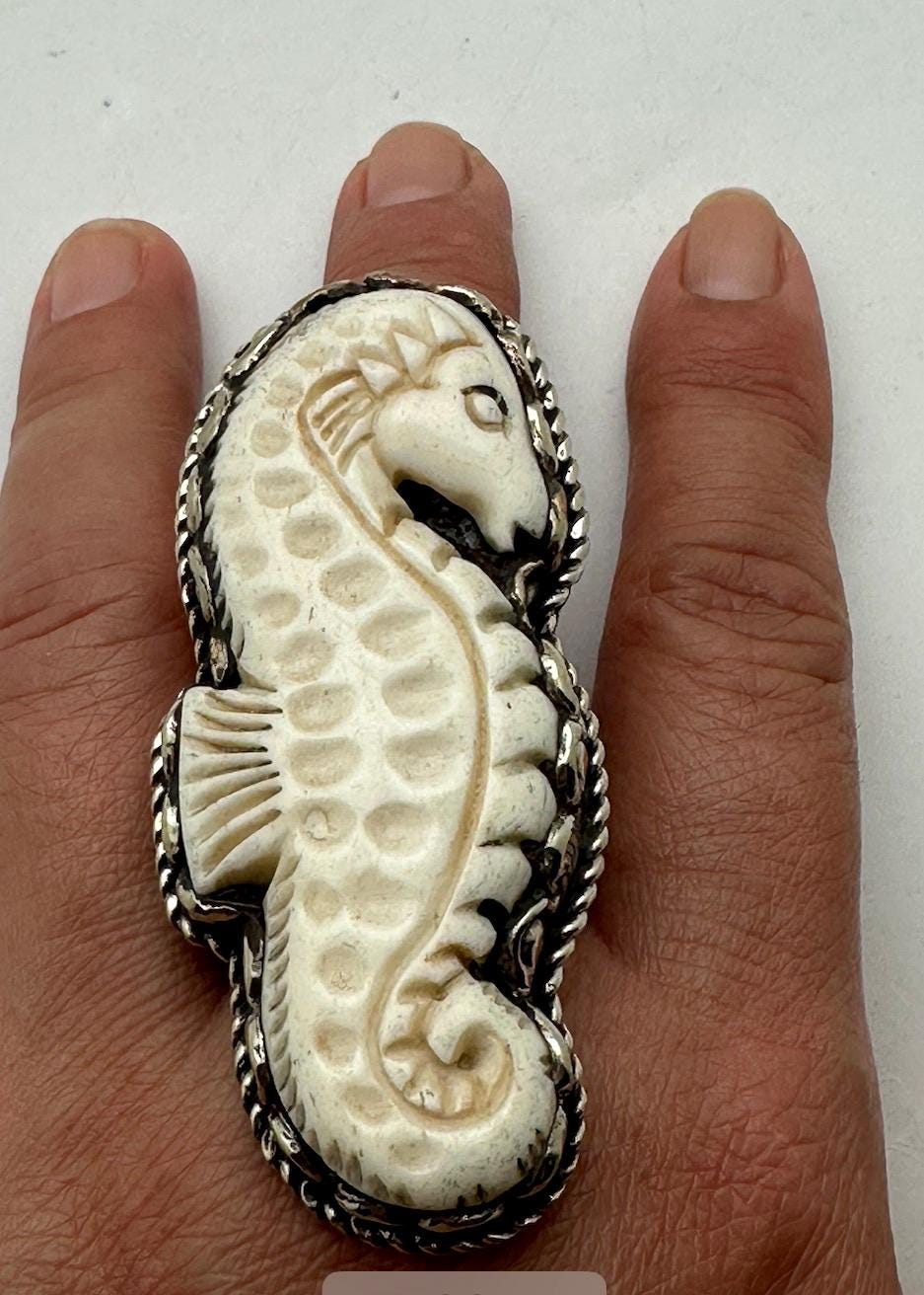 handcrafted,bone carved sea horse ring, Tibetan silver, adjustable ,beach lover gift,64.5mmX28.4