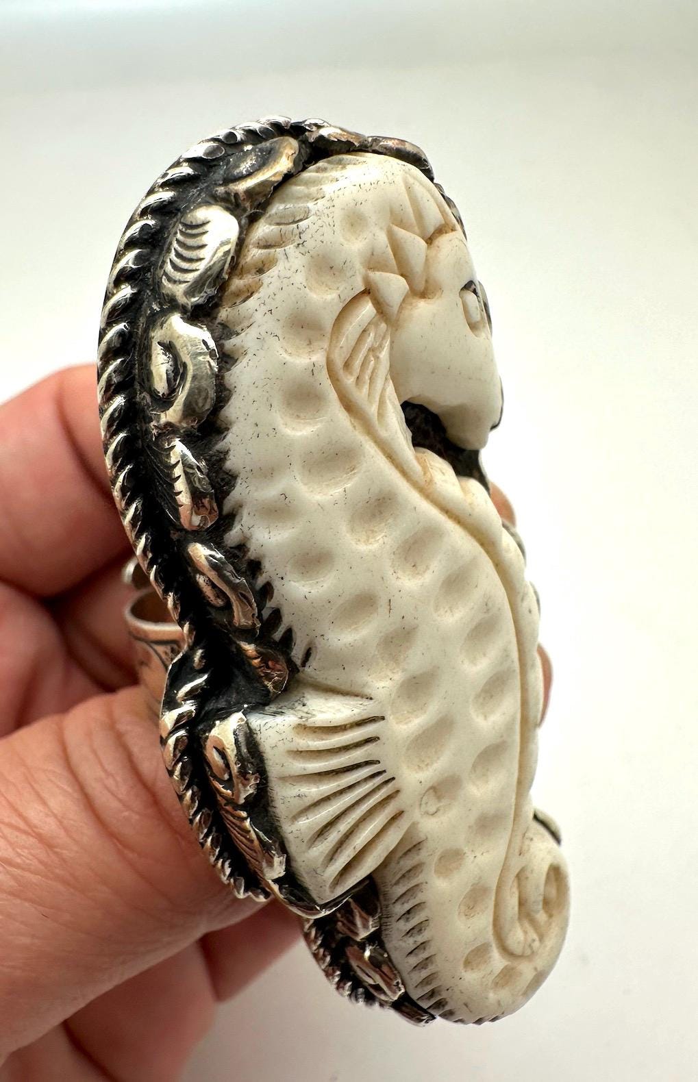 handcrafted,bone carved sea horse ring, Tibetan silver, adjustable ,beach lover gift,64.5mmX28.4