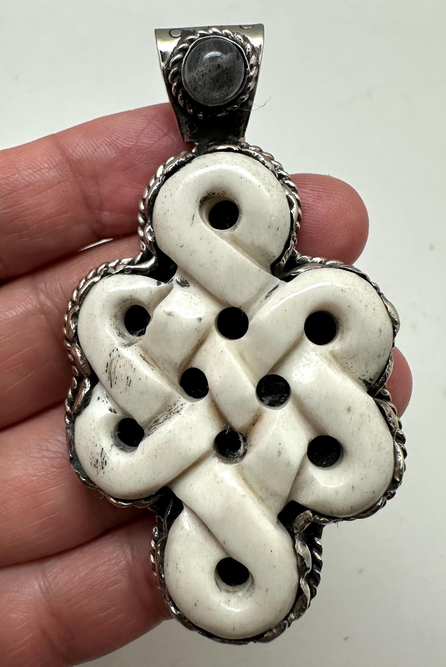 Handcrafted, bone carved endless knot, Tibetan silver, Tibetan Endless Loop Symbol Necklace, Spiritual Protection Jewelry