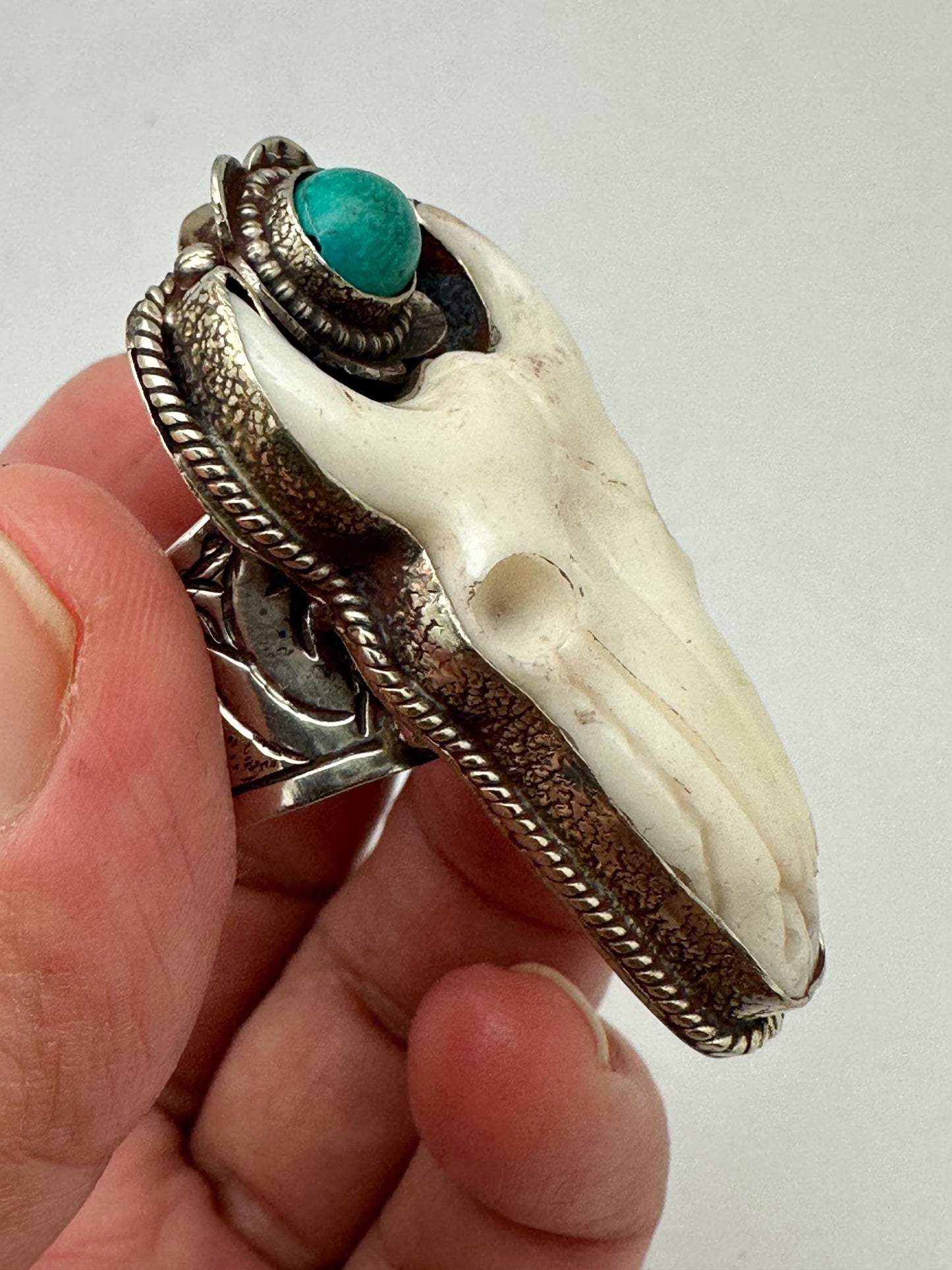Handcrafted, Bull head skull ring,Tibetan silver, turquoise,adjustable,45X25mm