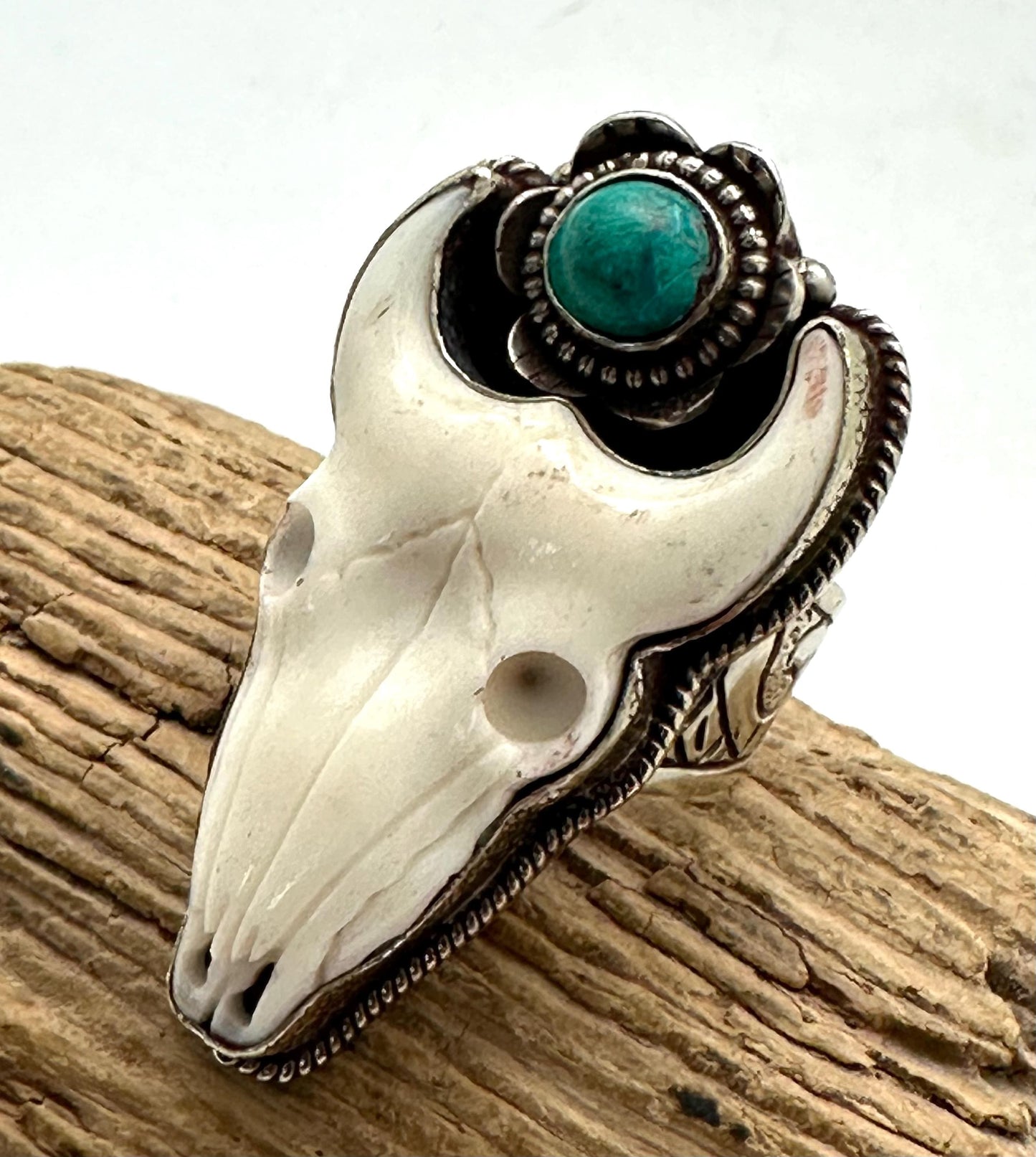 Handcrafted, Bull head skull ring,Tibetan silver, turquoise,adjustable,45X25mm