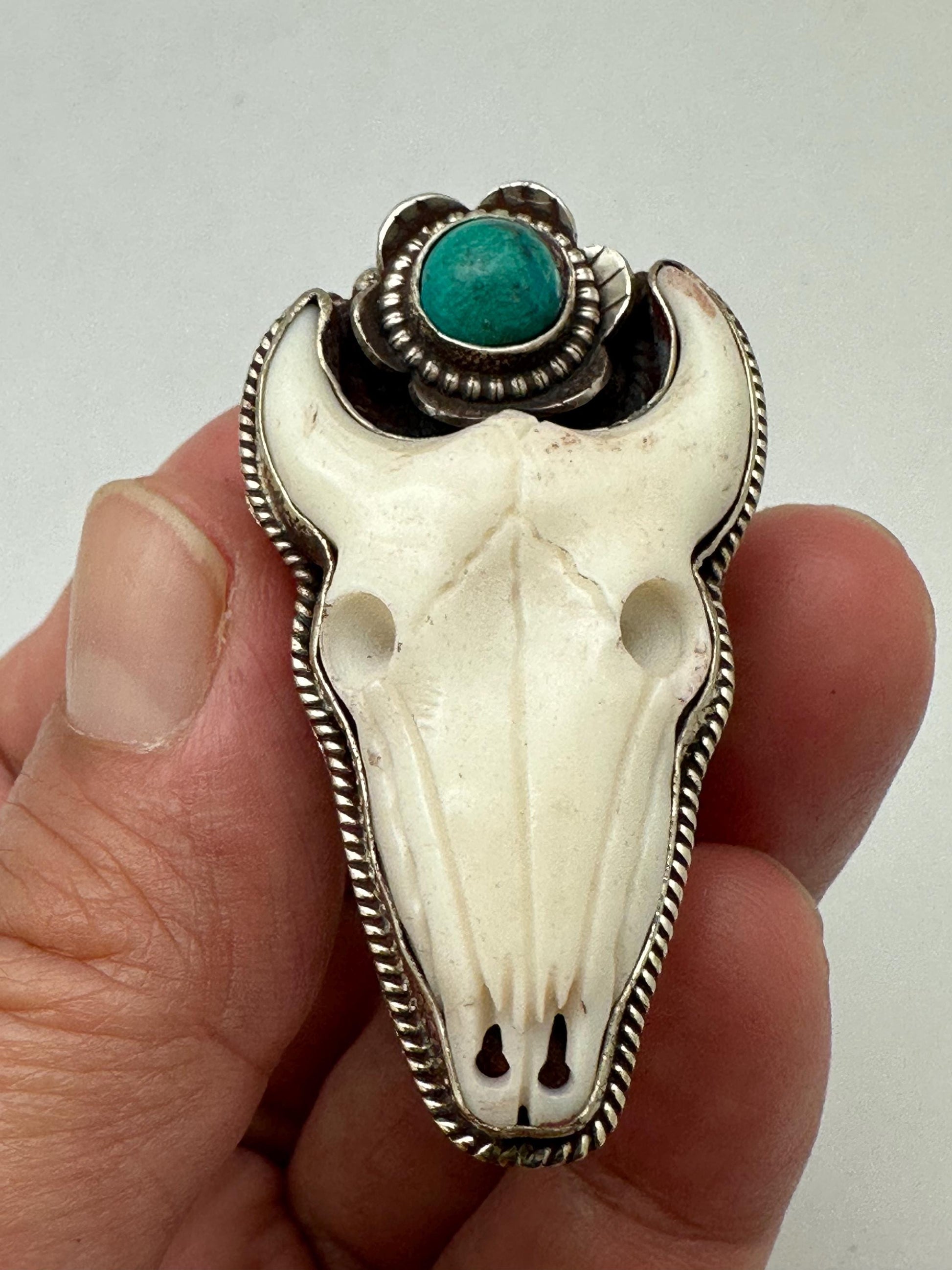 Handcrafted, Bull head skull ring,Tibetan silver, turquoise,adjustable,45X25mm