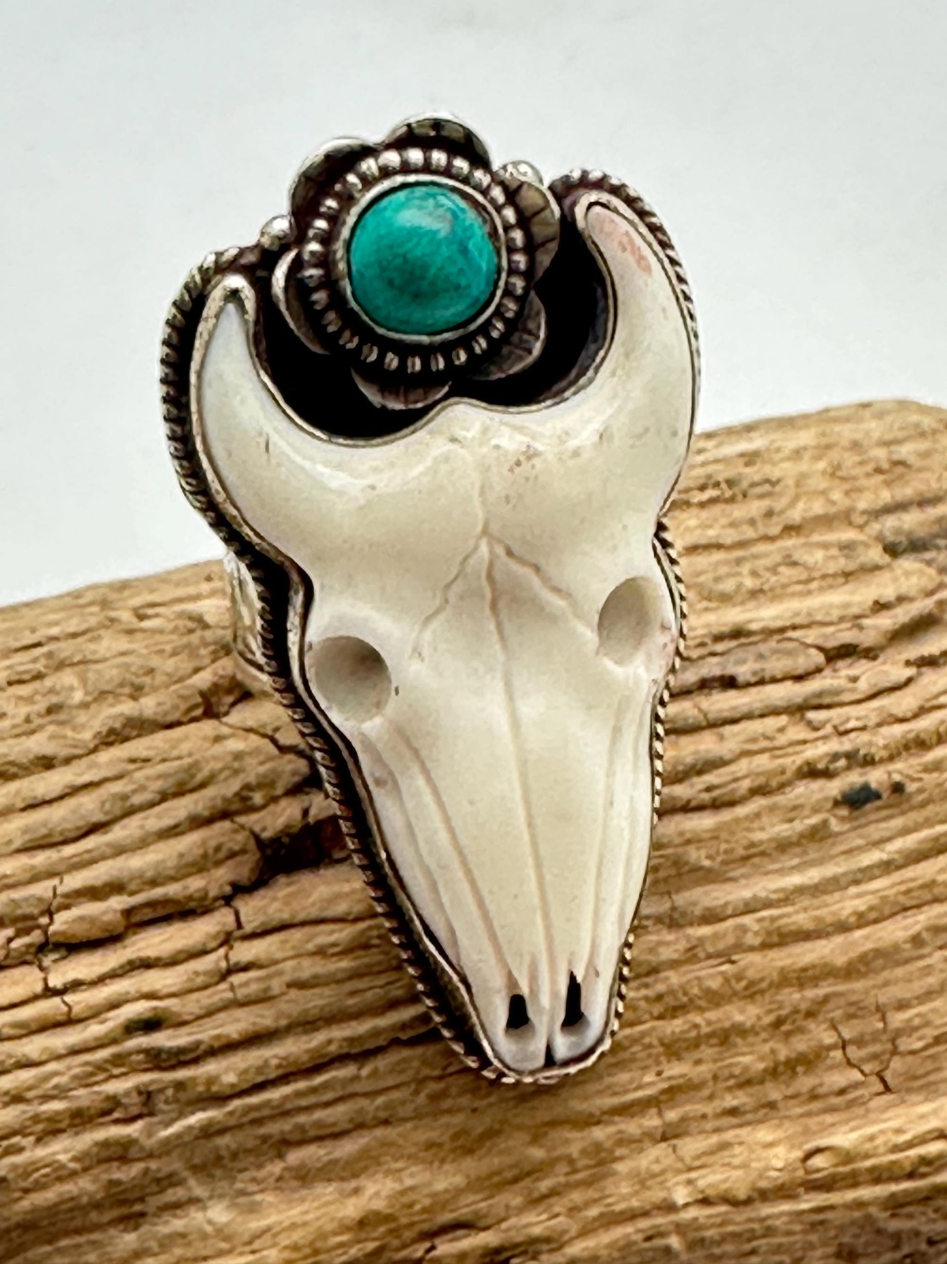 Handcrafted, Bull head skull ring,Tibetan silver, turquoise,adjustable,45X25mm