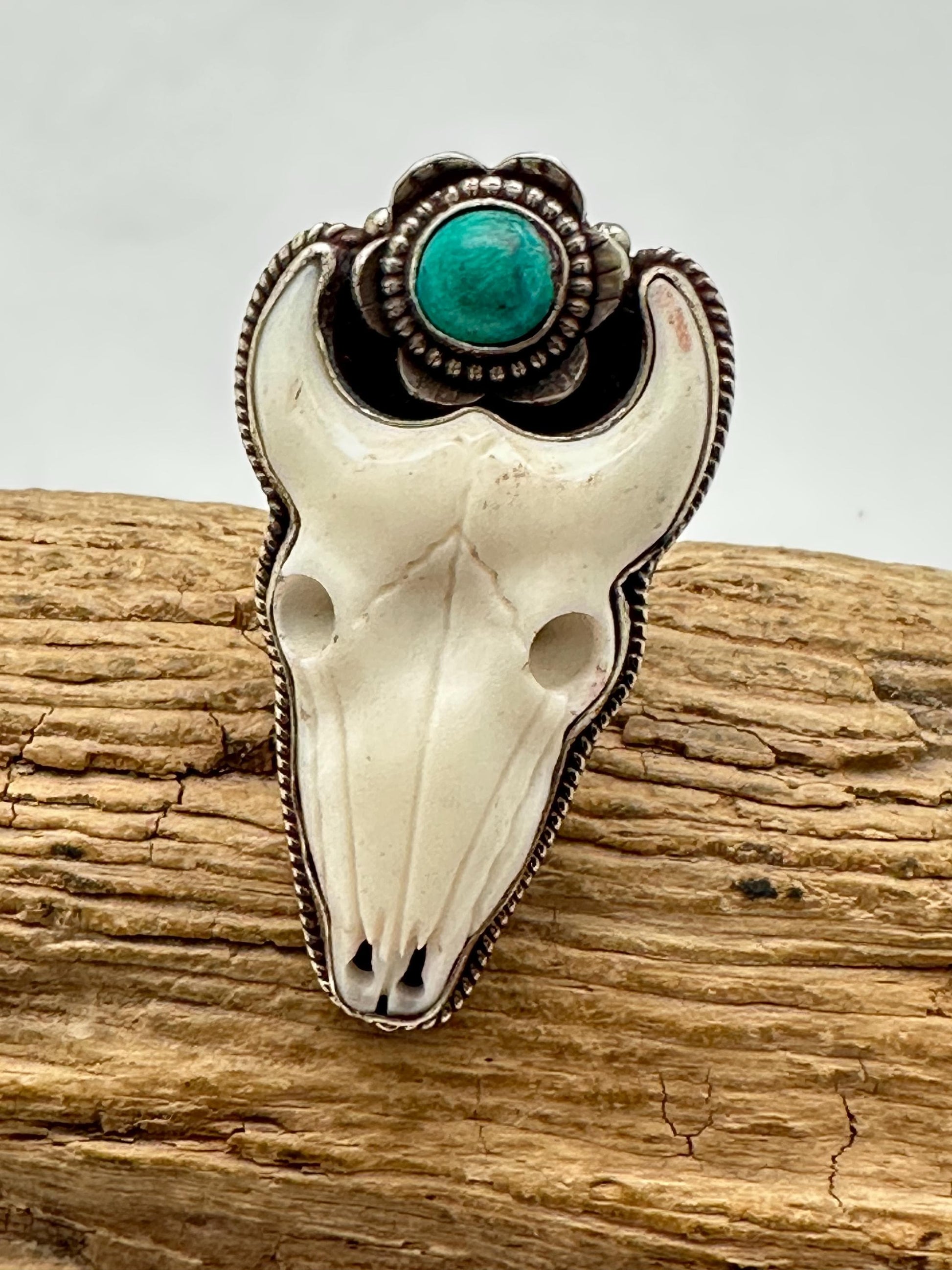 Handcrafted, Bull head skull ring,Tibetan silver, turquoise,adjustable,45X25mm