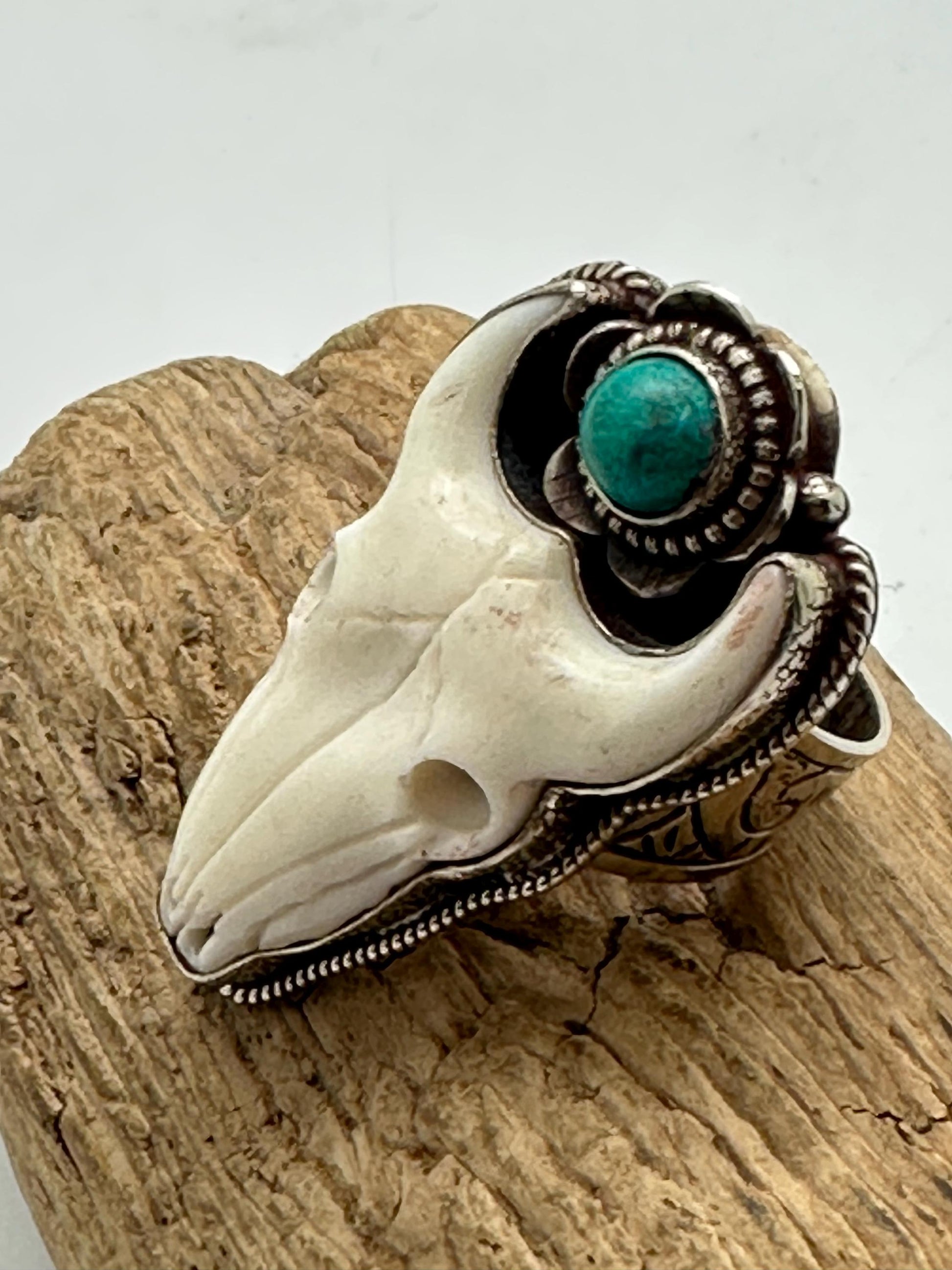 Handcrafted, Bull head skull ring,Tibetan silver, turquoise,adjustable,45X25mm