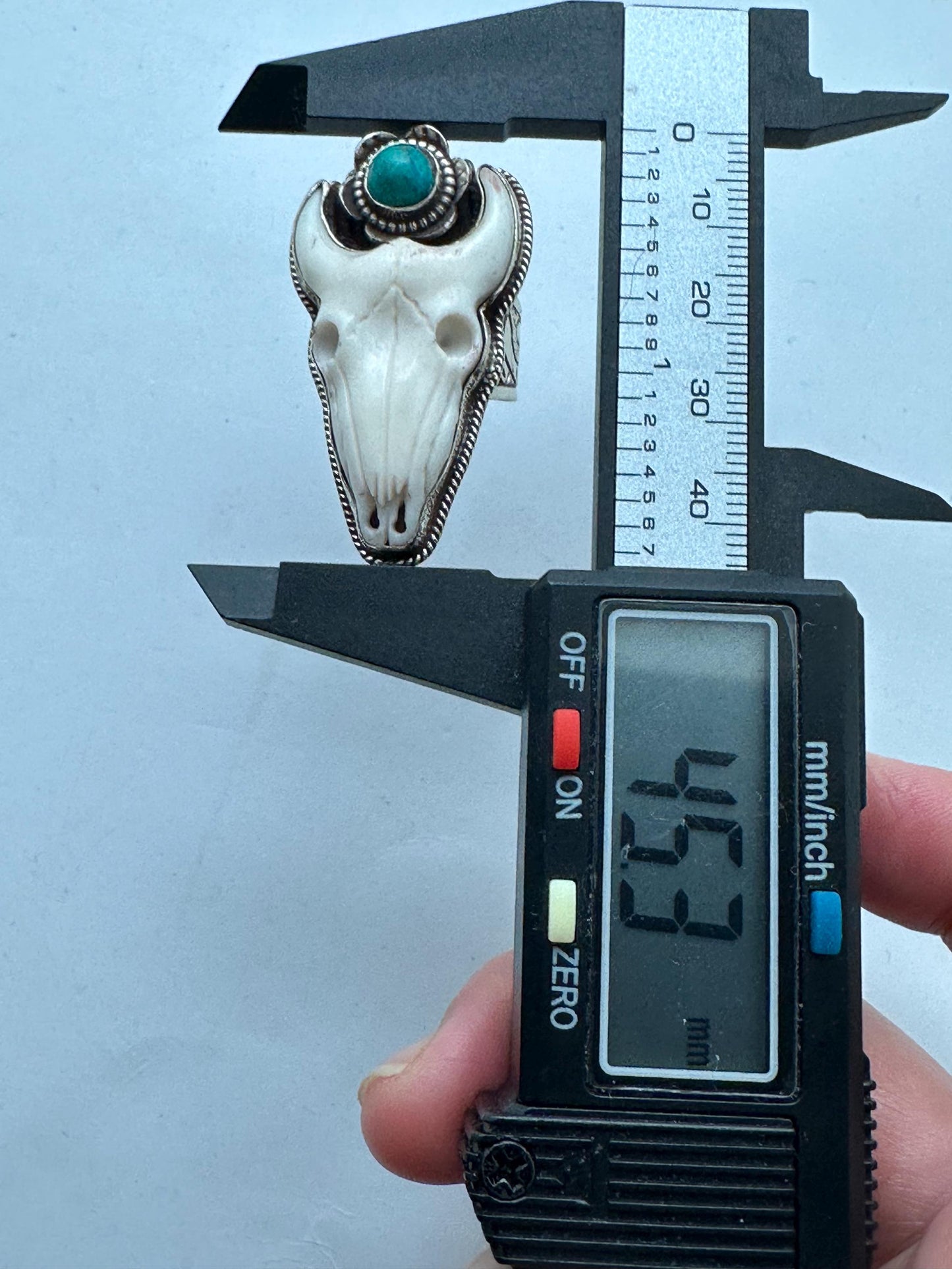 Handcrafted, Bull head skull ring,Tibetan silver, turquoise,adjustable,45X25mm