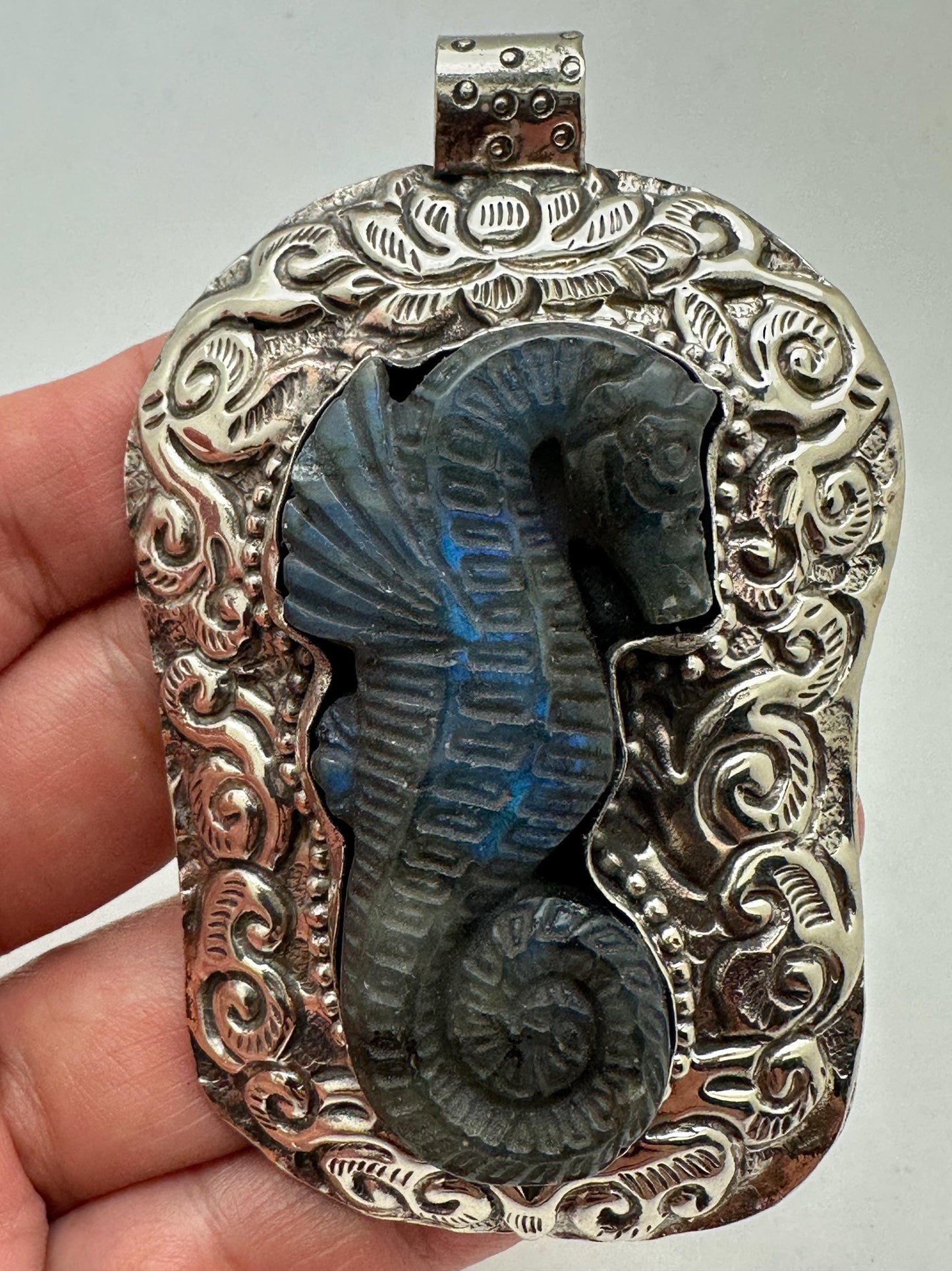 Large labradorite carved seahorse pendant, handcrafted,Tibetan silver,50mmX75mm