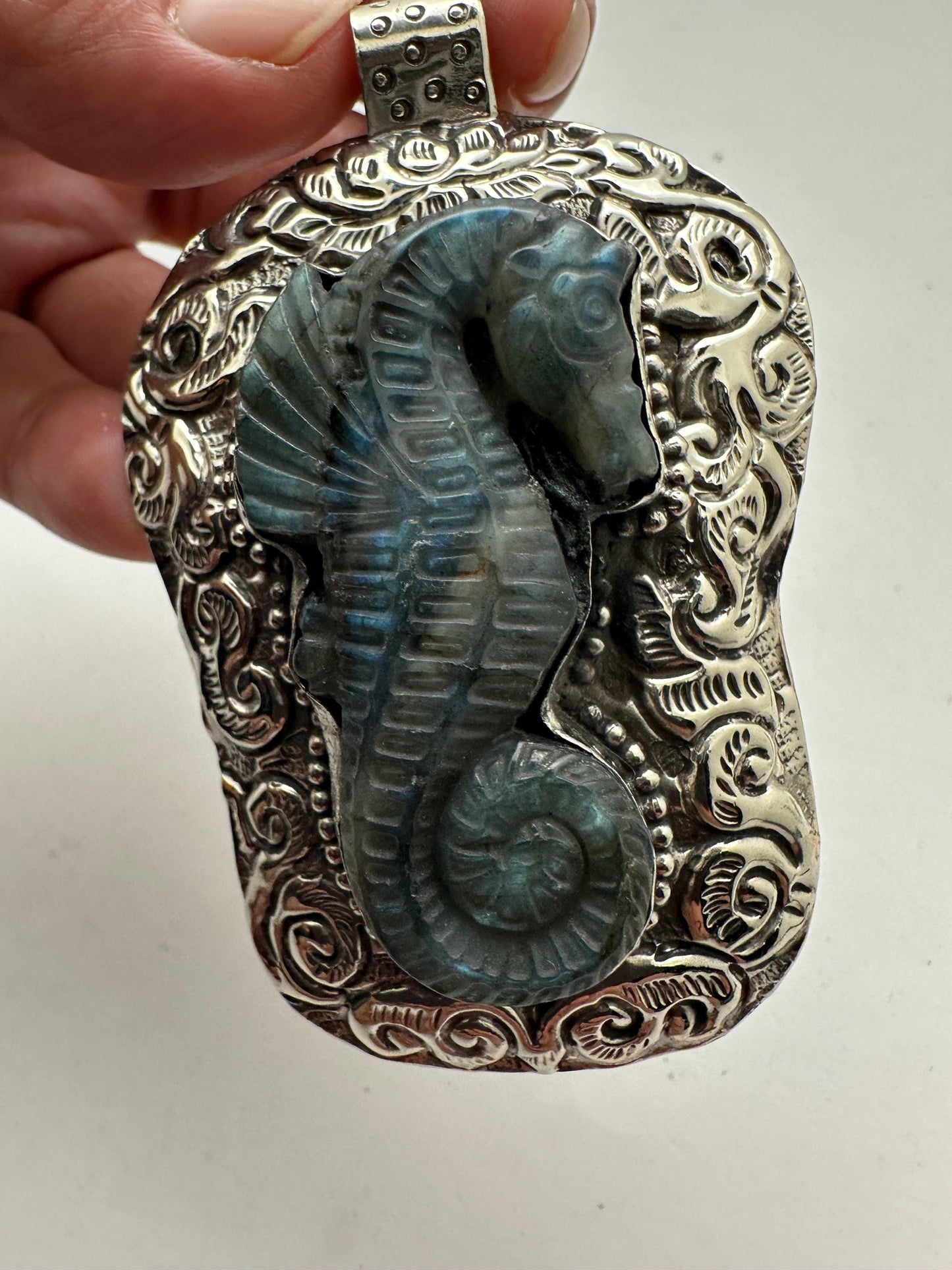 Large labradorite carved seahorse pendant, handcrafted,Tibetan silver,50mmX75mm