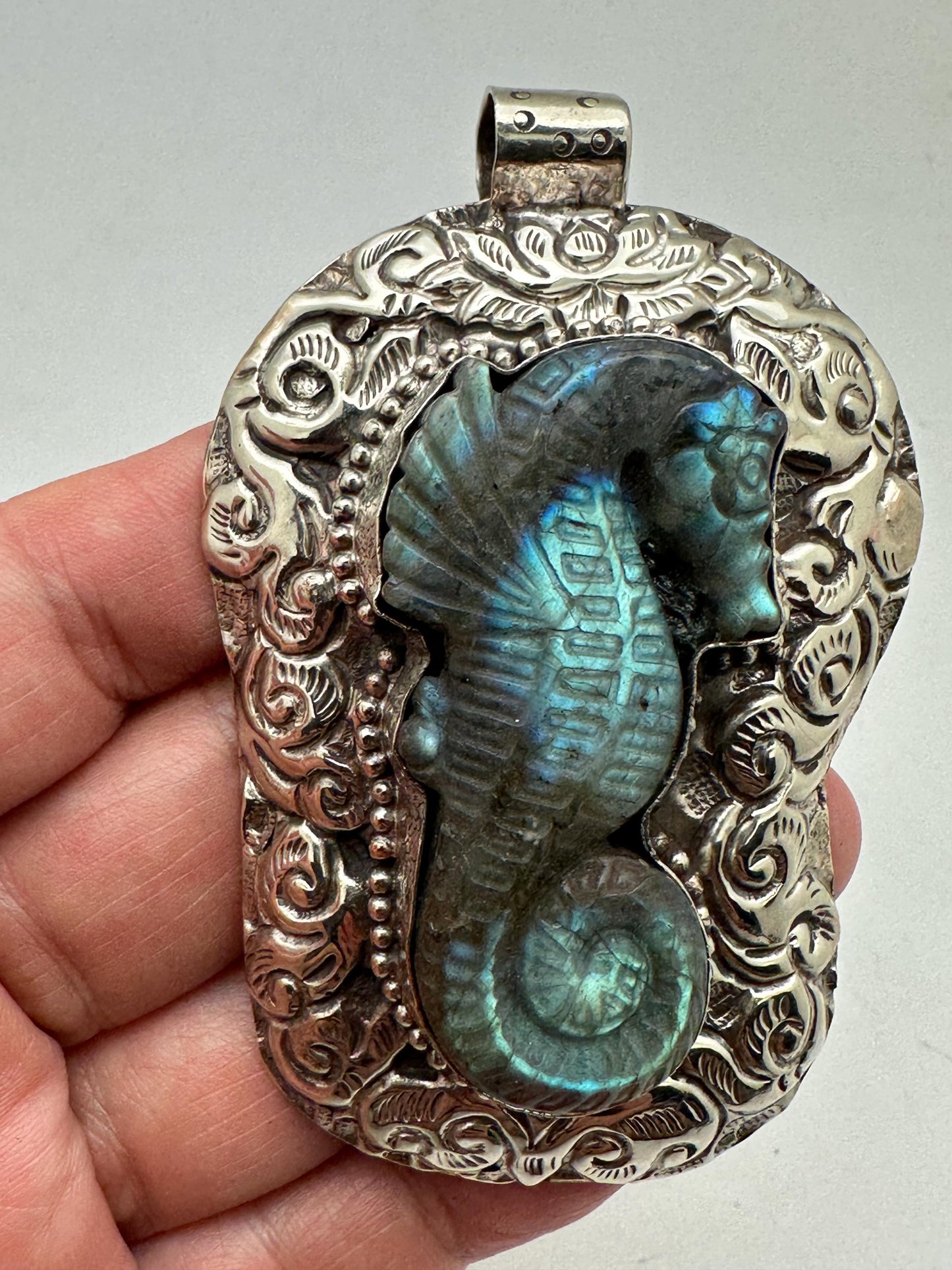 Large labradorite carved seahorse pendant, handcrafted,Tibetan silver,50mmX75mm