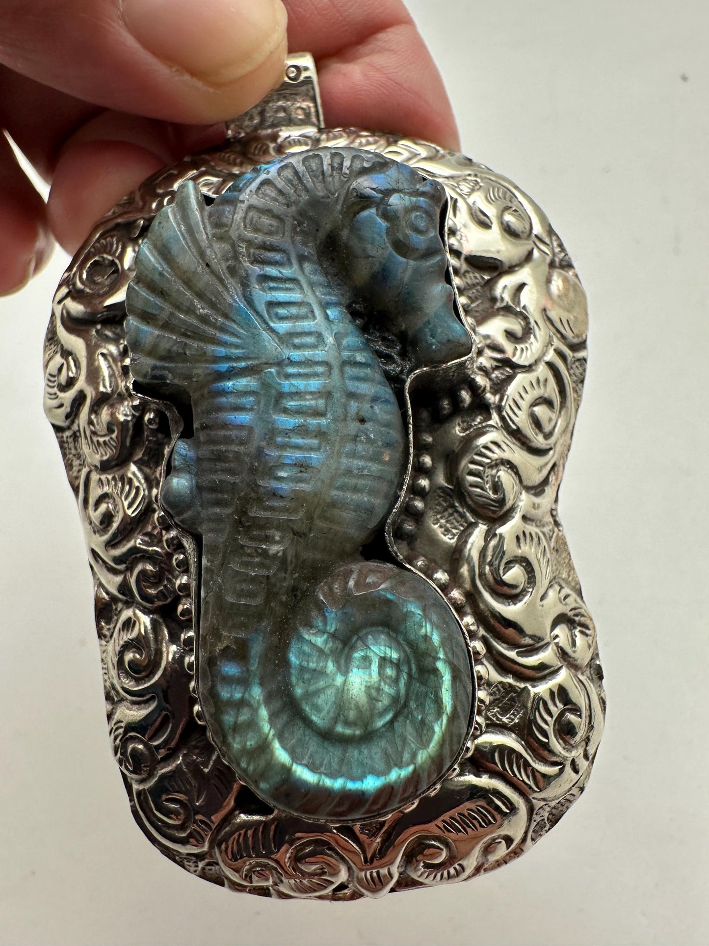 Large labradorite carved seahorse pendant, handcrafted,Tibetan silver,50mmX75mm