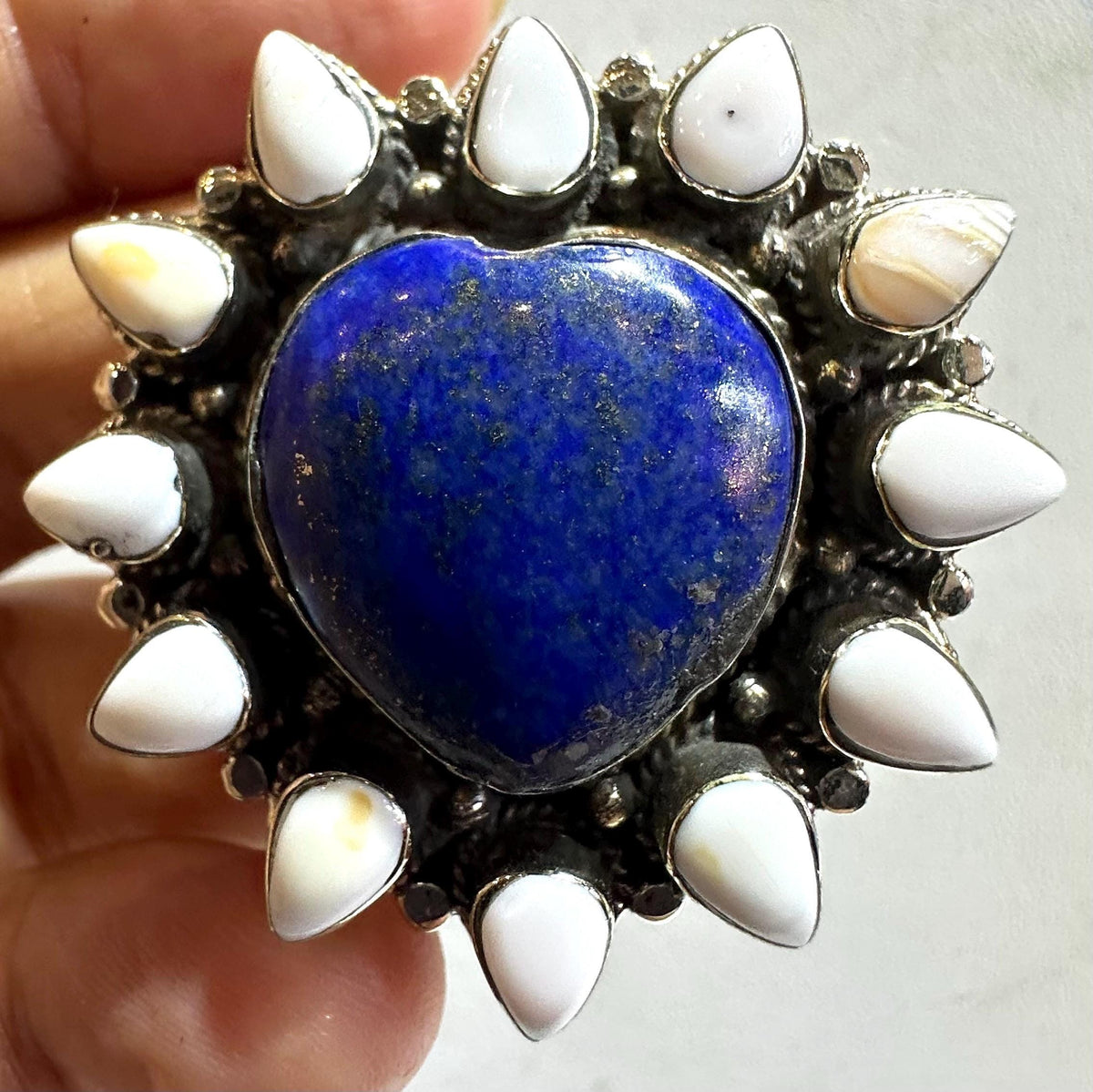 Lapis lazuli heart ring,teardrop shell,handcrafted,adjustable,Tibetan silver