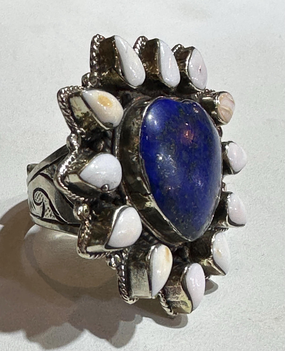 Lapis lazuli heart ring,teardrop shell,handcrafted,adjustable,Tibetan silver