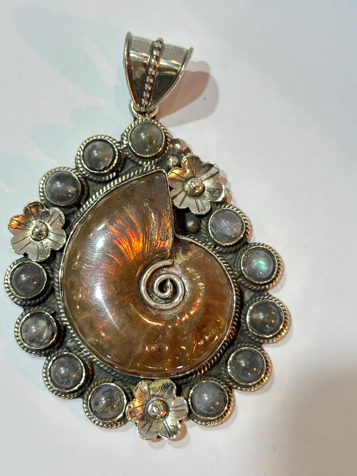 Ammonite fossil, handcrafted,labradorite,Tibetan silver,