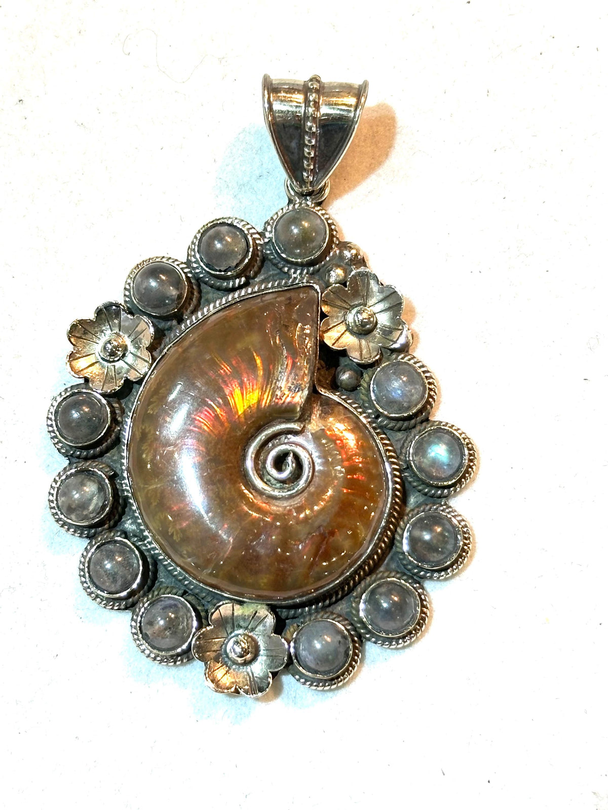 Ammonite fossil, handcrafted,labradorite,Tibetan silver,