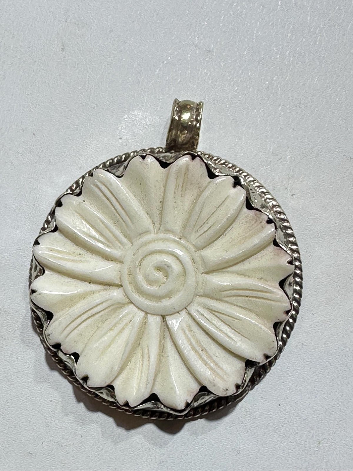 Bone carved flower pendant, handcrafted, Tibetan silver,floral pendant