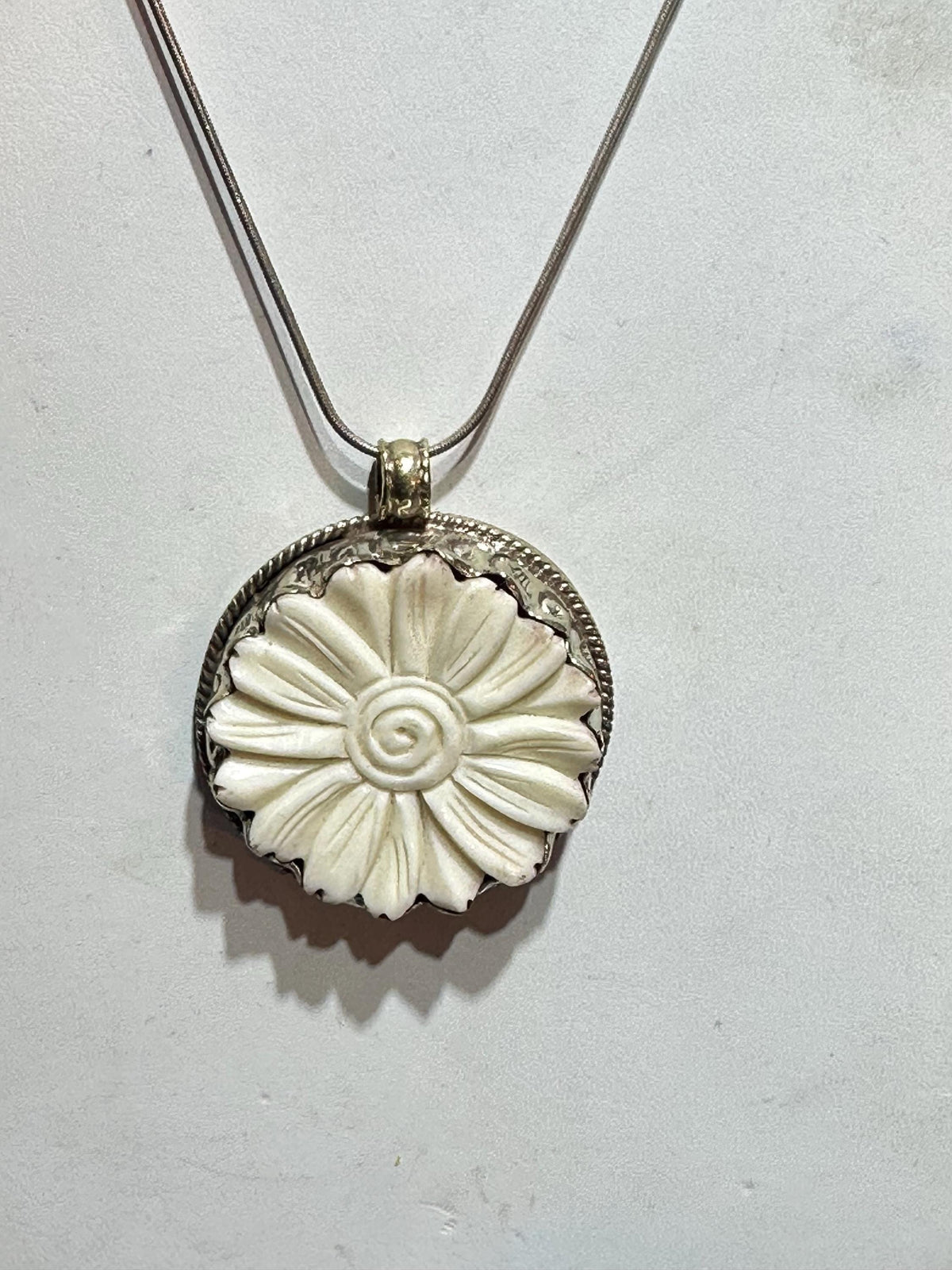 Bone carved flower pendant, handcrafted, Tibetan silver,floral pendant
