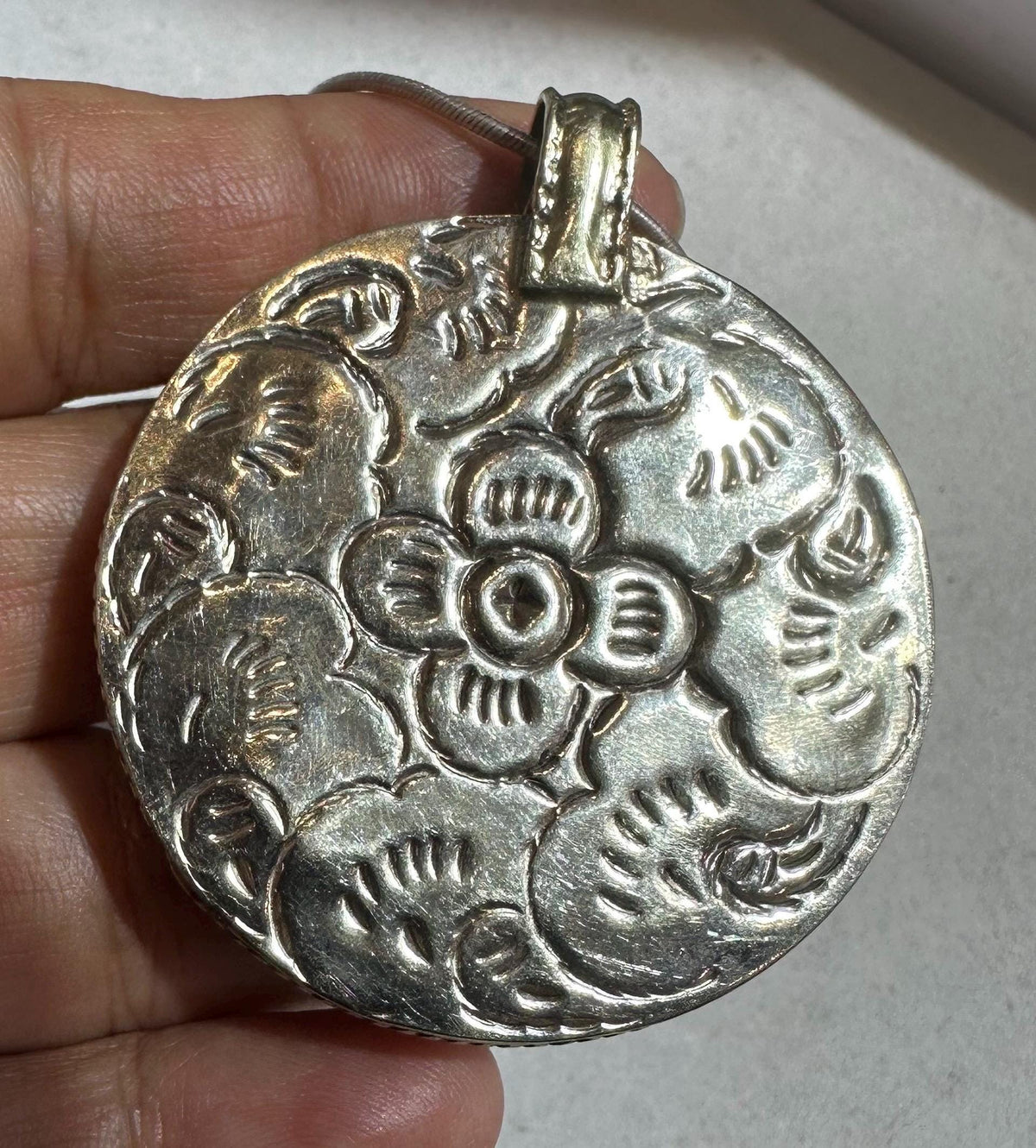 Bone carved flower pendant, handcrafted, Tibetan silver,floral pendant