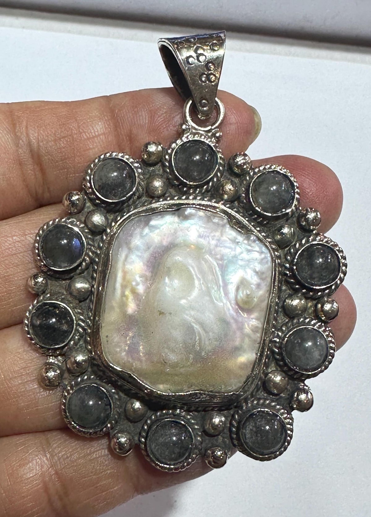 Mother of pearl pendant,labradorite, handcrafted, Tibetan silver,ethnic style,